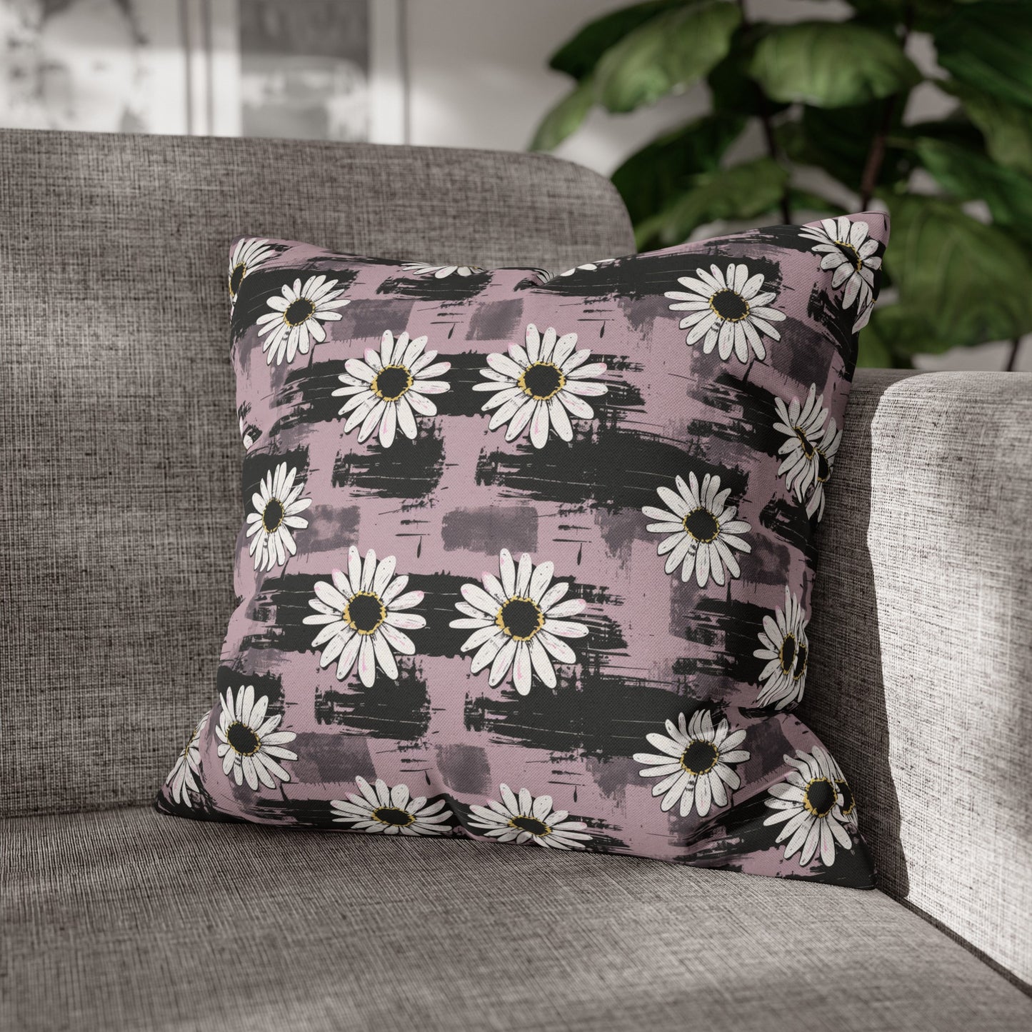 Edgy Daisy Dream with Pink and Black Grunge Spun Polyester Square Pillowcase 4 Sizes