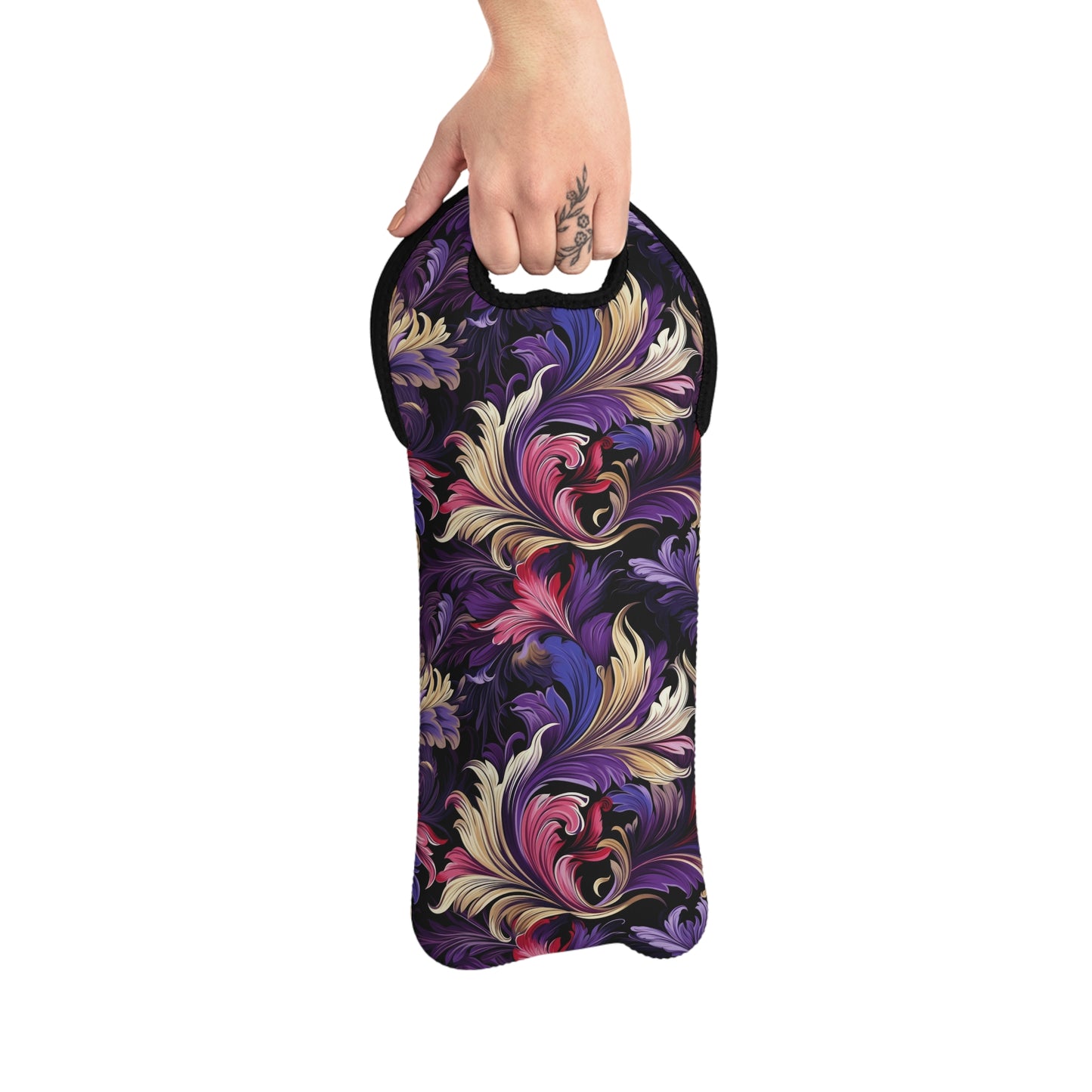 Purple, Gold & Pink Floral Swirls of Foliage Design Wine Tote Bag Reusable Eco Friendly