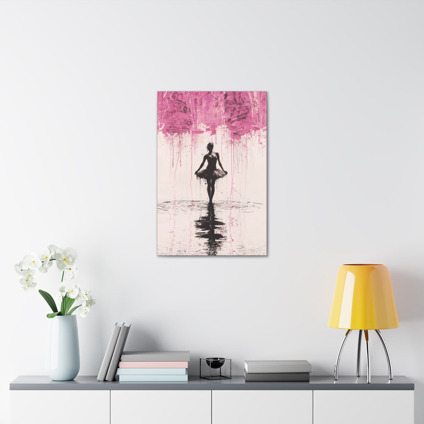 Dreamlike Reverie: Ballerina Dancing Amidst Pink Clouds and Gentle Rain Print on Canvas Gallery - 13 Sizes