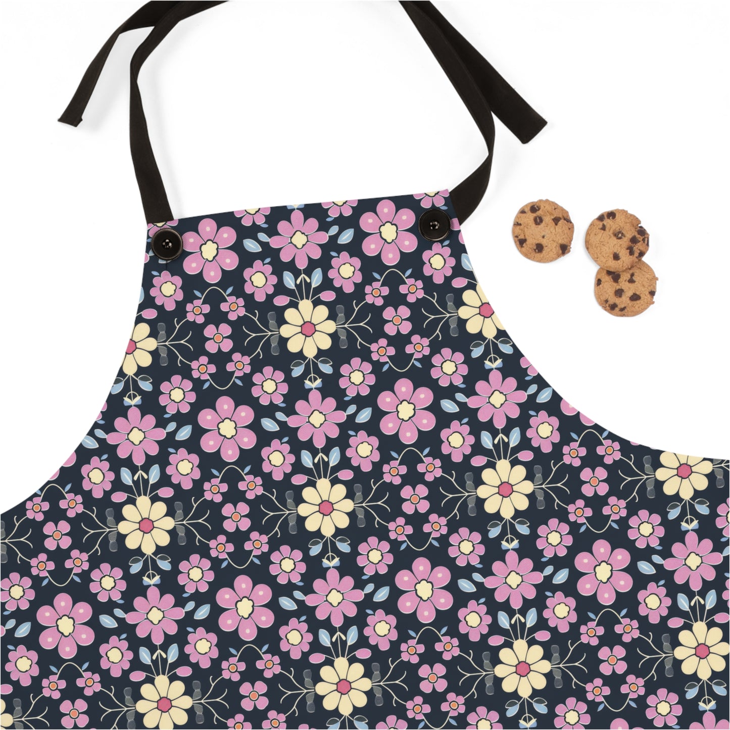 Charming Pastel Pink and Yellow Flowers on Navy Blue Background Kitchen Chef Apron