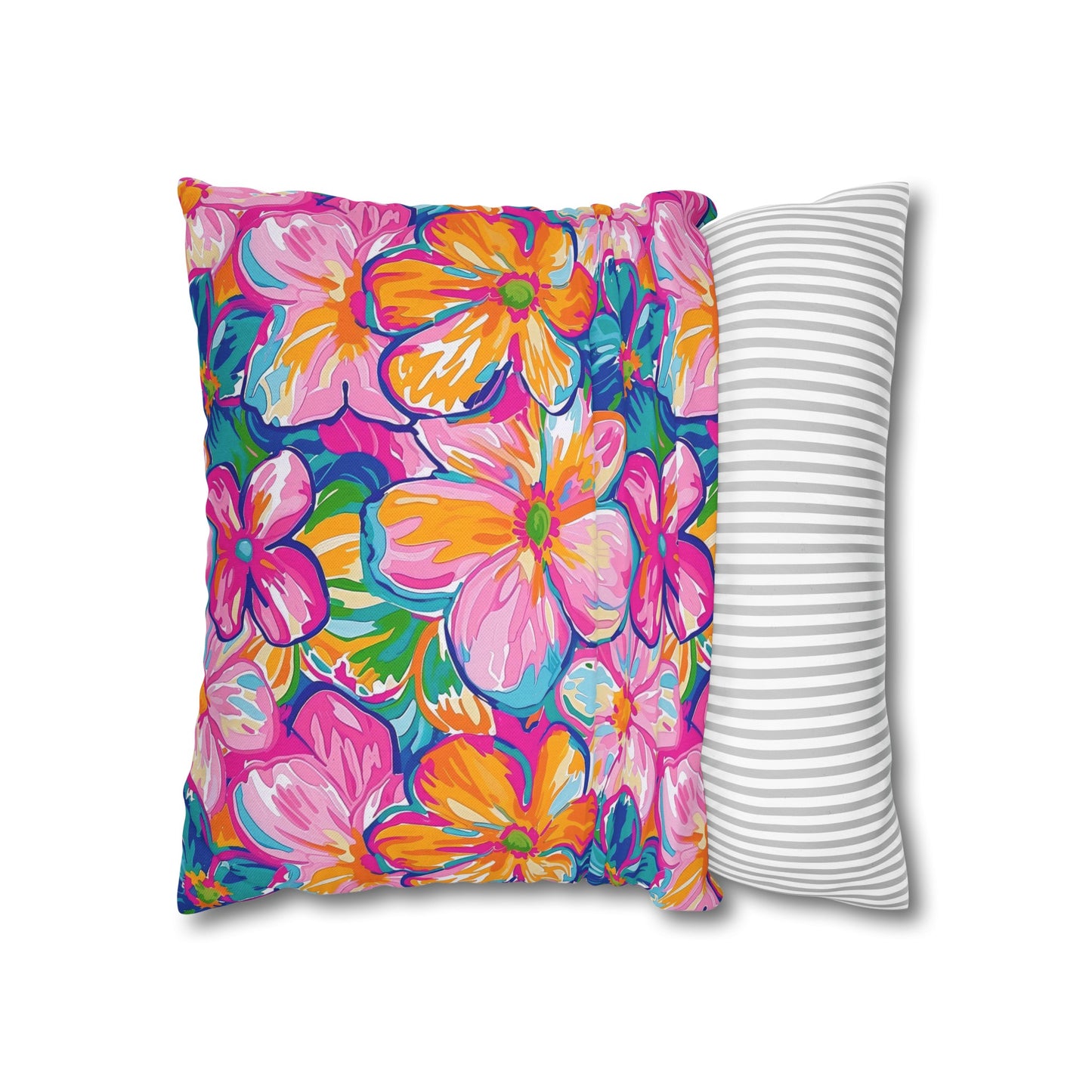 Chromatic Blossoms: Large Watercolor Flowers in Mixed Pinks, Blues, and Oranges Spun Polyester Square Pillowcase 4 Sizes