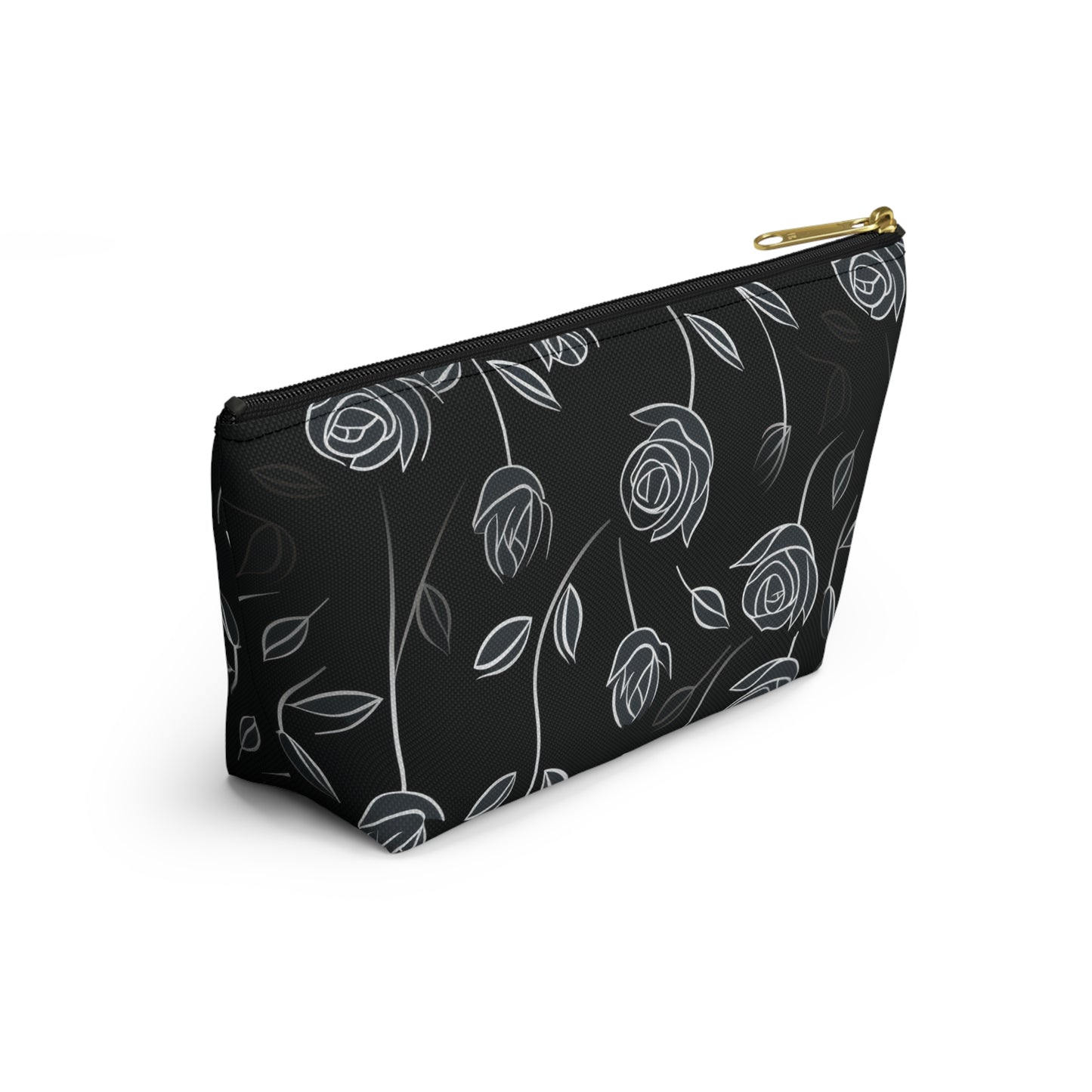 Contrasting Elegance: White Outlined Roses on a Black Background  - Makeup & Accessory Bag 2 Sizes