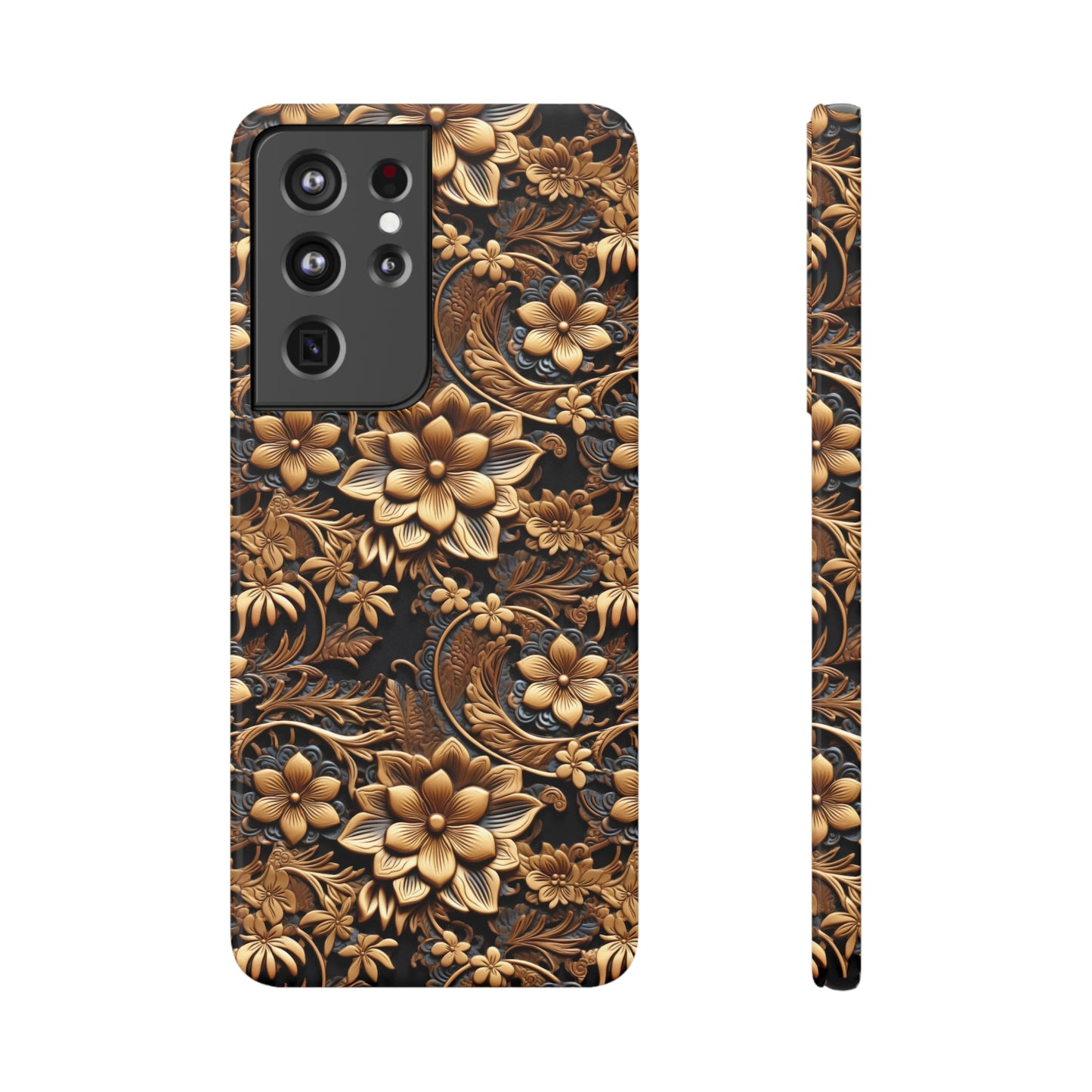 Tooled Gold Leather Flowers with Blue Accent Print Design Samsung Slim Cases