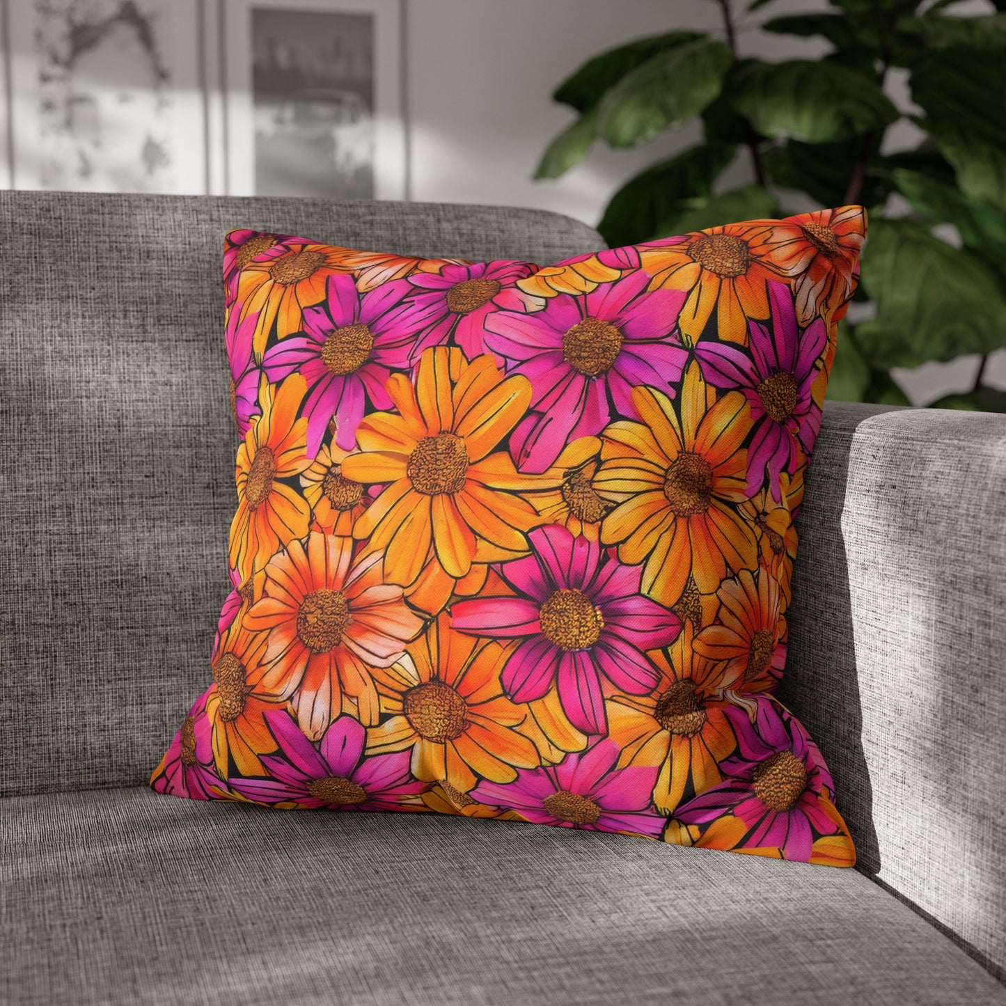 Vibrant Daisy Delight with Bold Orange and Pink Spun Polyester Square Pillowcase 4 Sizes