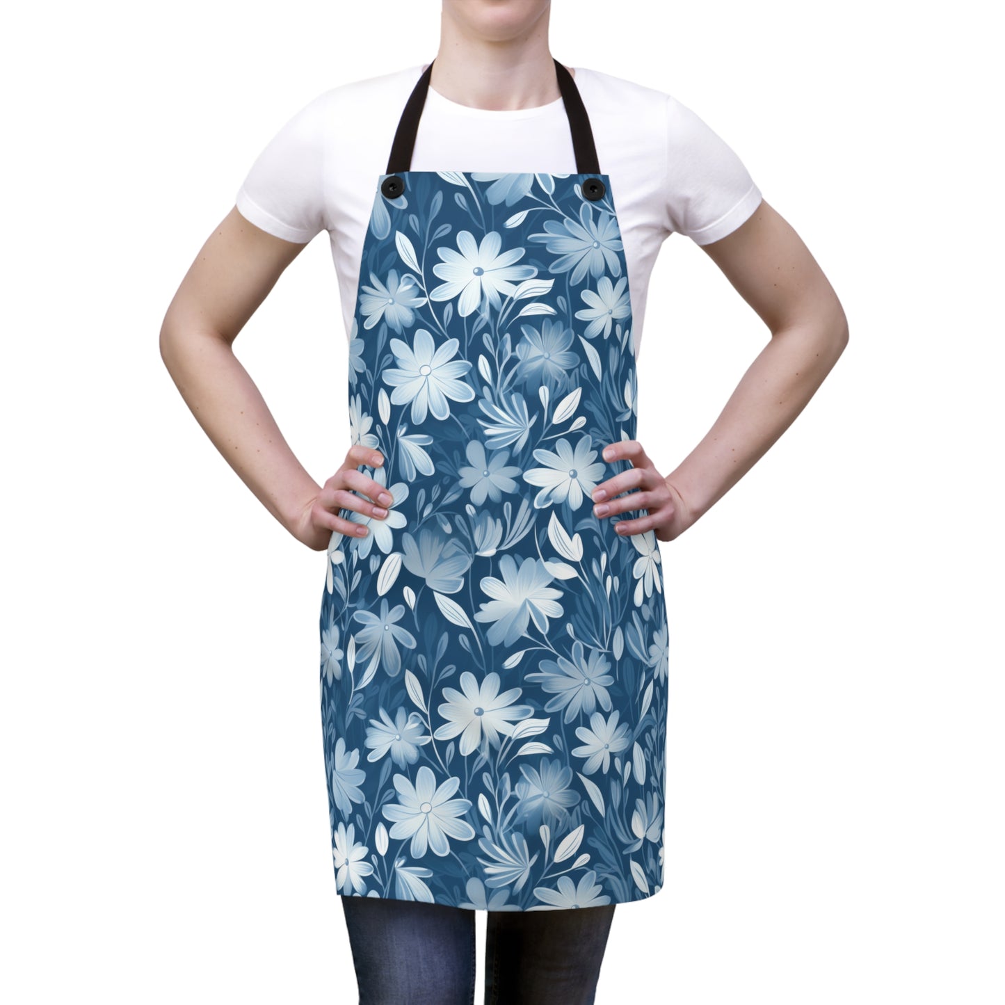 Gentle Elegance: Soft Muted Blue Flower Design - Kitchen Chef Apron