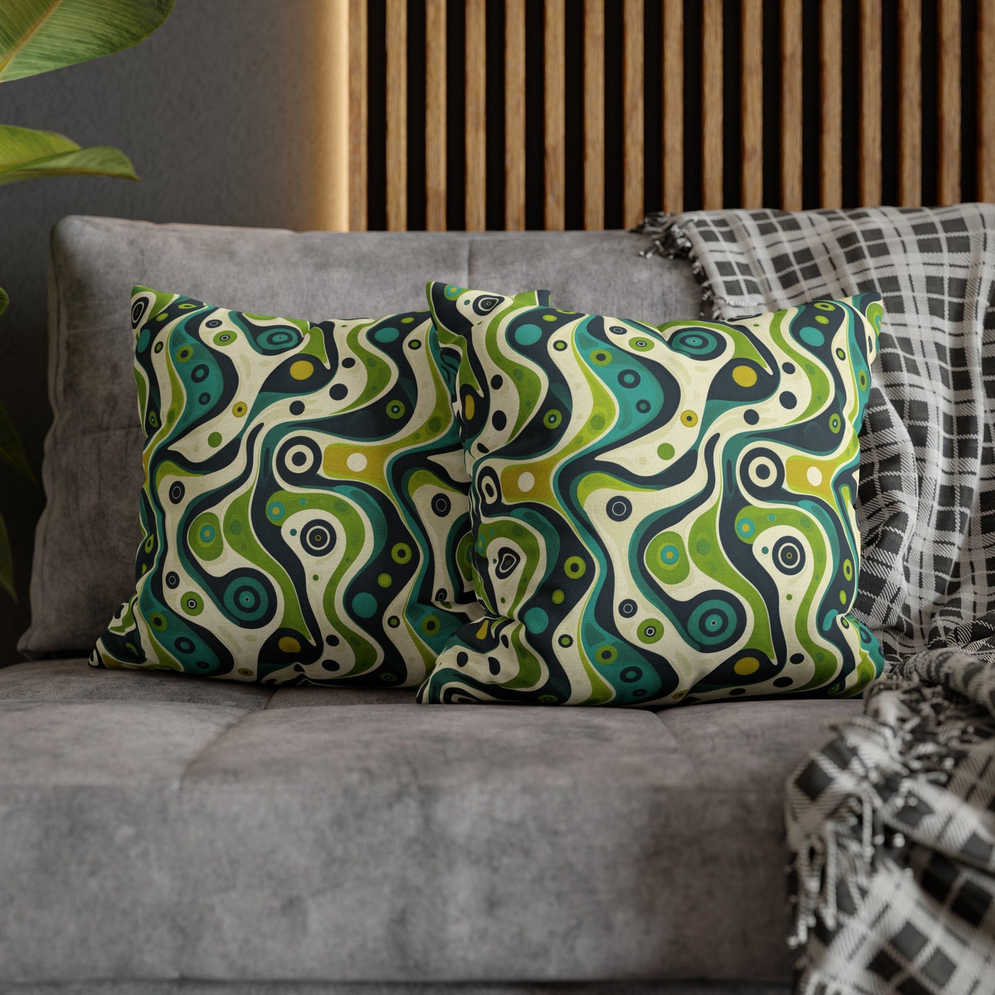 Groovy Retro Greens and Blues Abstract Waves Spun Polyester Square Pillowcase 4 Sizes