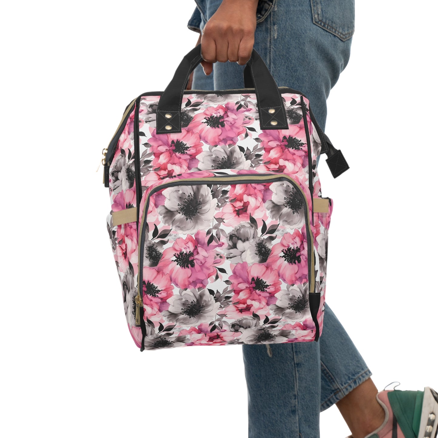 Graceful Elegance: Large Pink and Grey Watercolor Flower Design Multifunctional Diaper Backpack