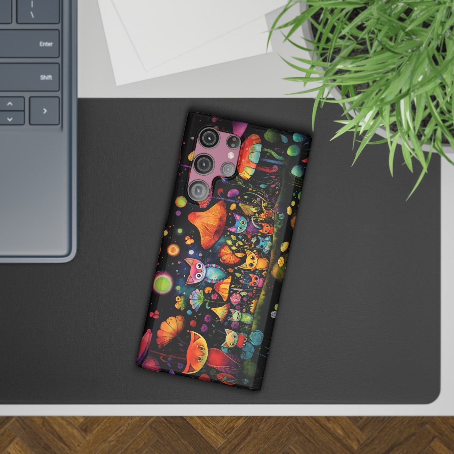 Mystical Cats Amidst a Garden of Flowers and Mushrooms, Beneath a Starry Sky Samsung Slim Cases