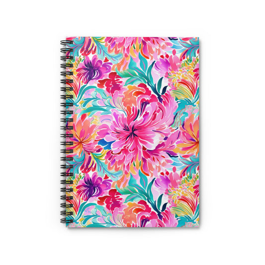 Rainbow Tropics: Watercolor Flowers in Vibrant Pink, Green and Orange Hues Spiral Ruled Line Notebook