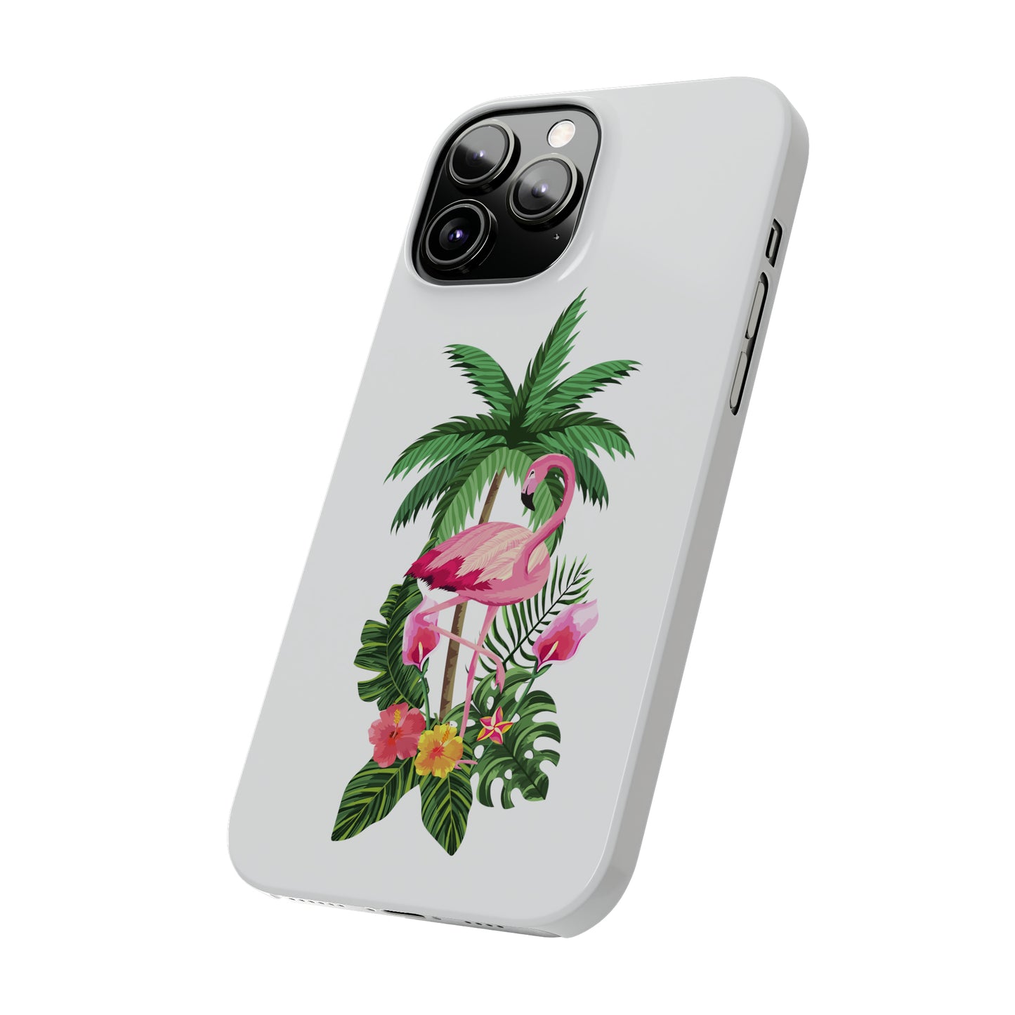 Tropical Pink Flamingo and Flowers White Background Iphone 15-12 Slim Phone Case