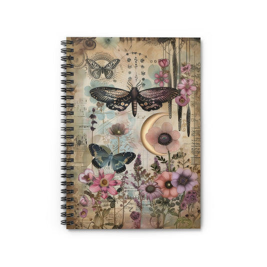 Mystical Musical Celestial Pink Flowers and Butterflies Crescent Moon - Spiral Notebook Ruled Line 6"x8"