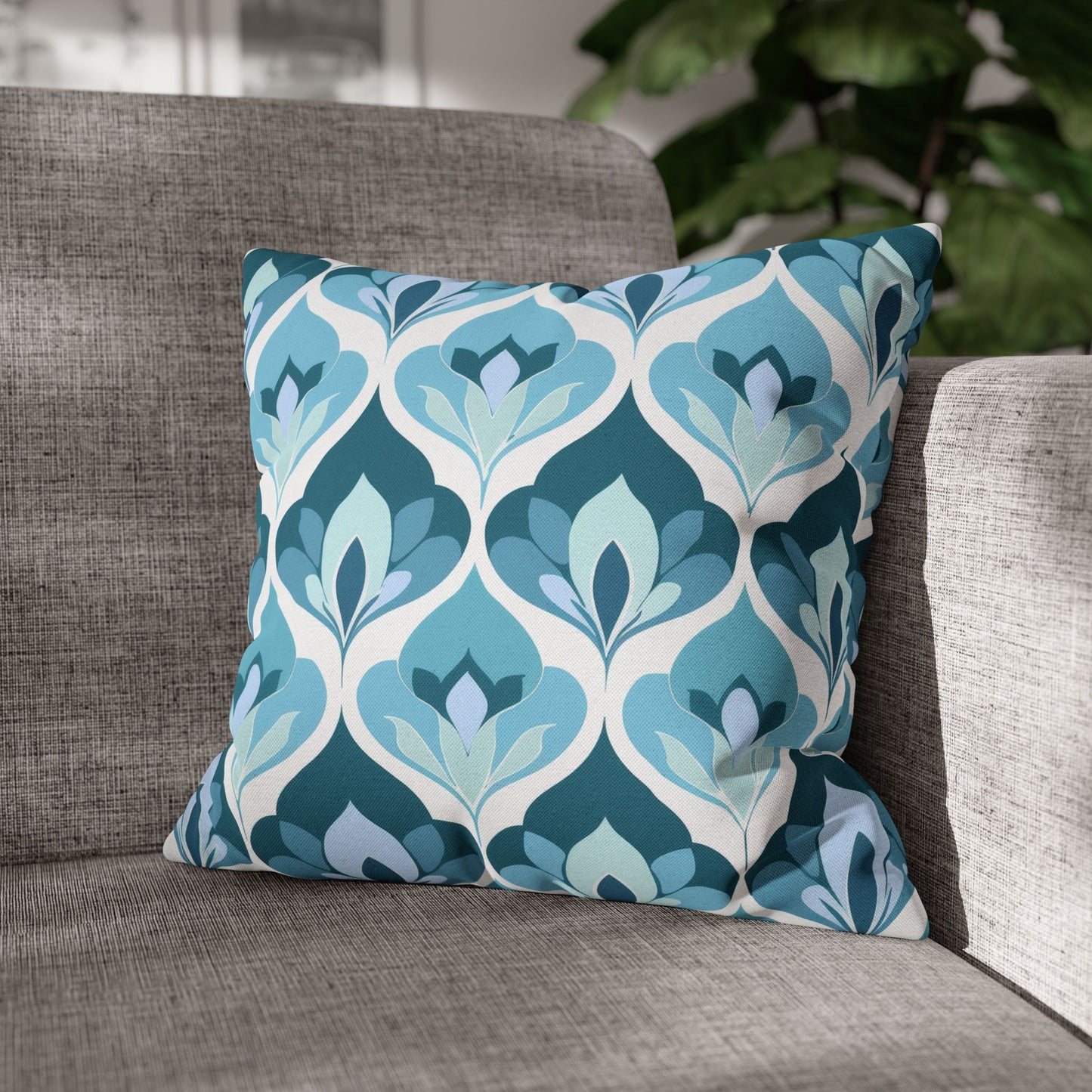 Serene Leaf Motifs Cascading in Cool Hues of Oceanic Blues Spun Polyester Square Pillowcase 4 Sizes