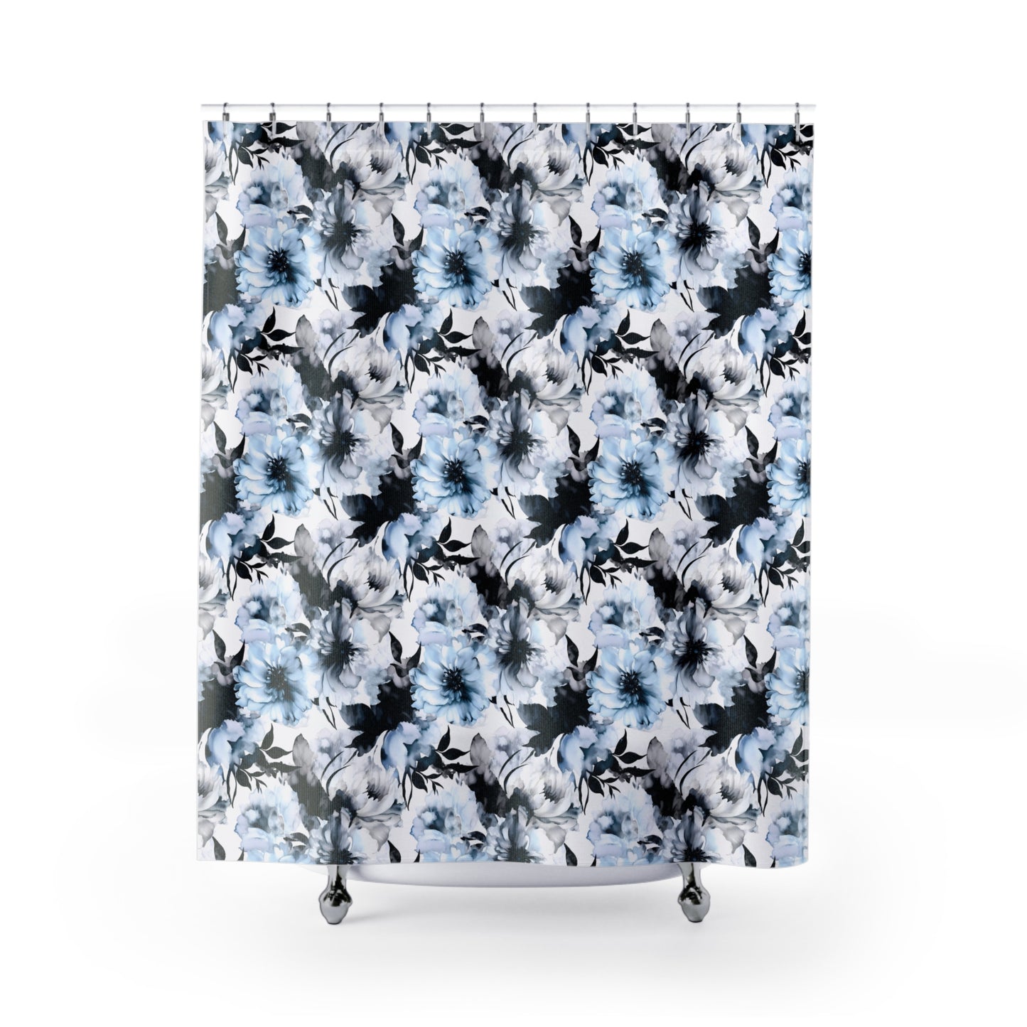 Tranquil Bloom: Watercolor Blue and Grey Large Floral Design Bathroom Shower Curtain   71" × 74"