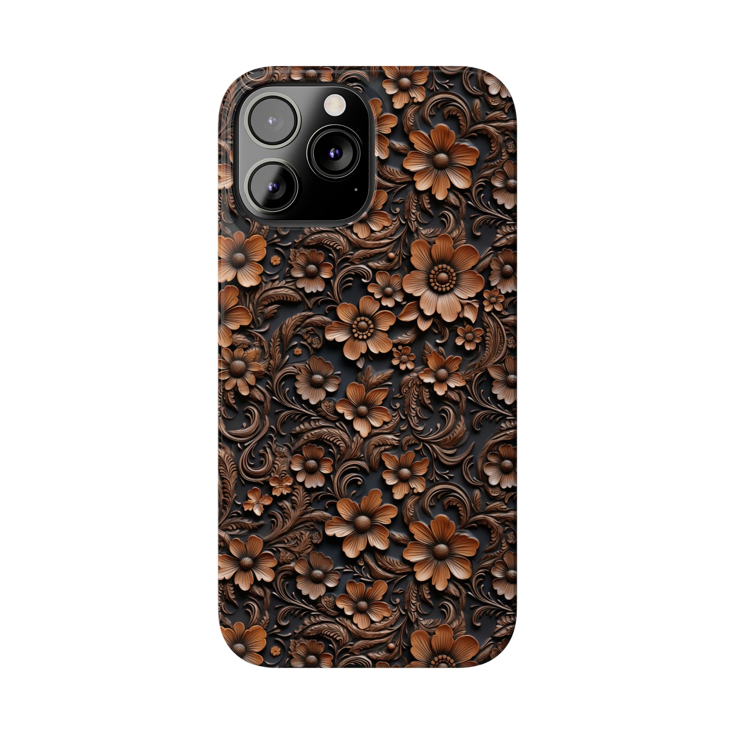 Tooled Deep Brown Leather Flowers Print Design Iphone 15-12 Slim Phone Case