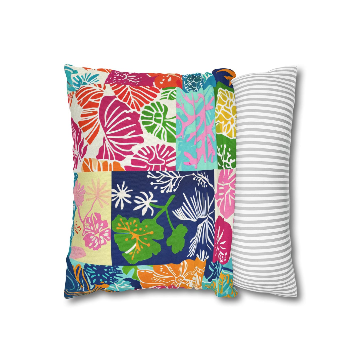 Vibrant Mosaic of Tropical Unique Shapes and Hues, from Vivid Oranges to Deep Blue Leaves and Flowers Spun Polyester Square Pillowcase 4 Sizes