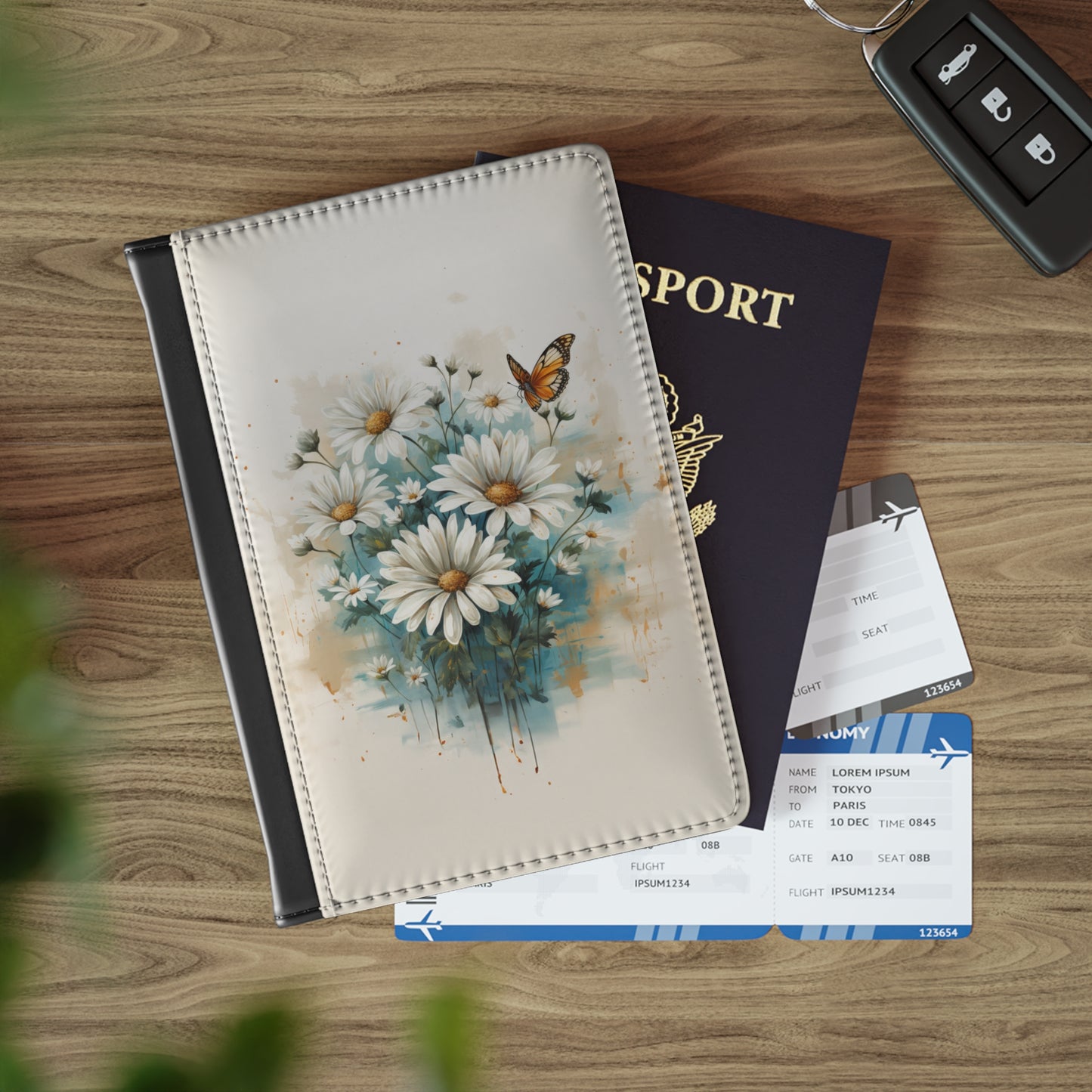 Rustic Farmhouse Teal and White Wild Daisies and Butterflies - Passport Cover Faux Leather RFID Blocking