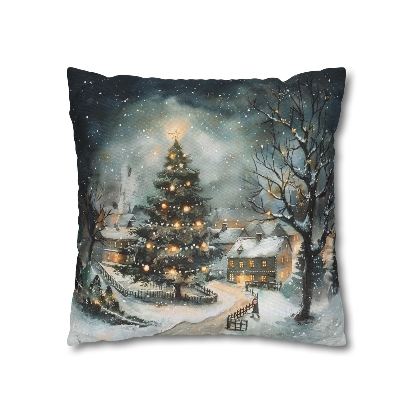 Winter Wonderland Glow: Christmas Tree Illuminating a Snowy Village Spun Polyester Square Pillowcase 4 Sizes