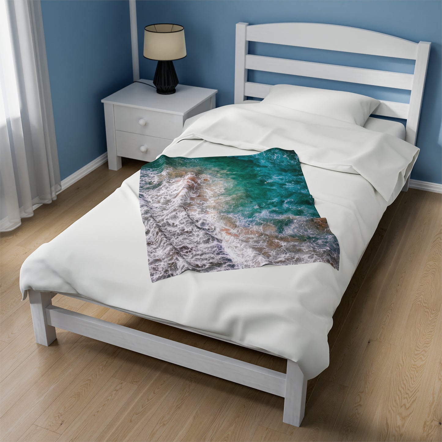 Ocean's Embrace: Deep Green Waters with White Waves Crashing onto the Beach Velveteen Plush Blanket 3 Sizes