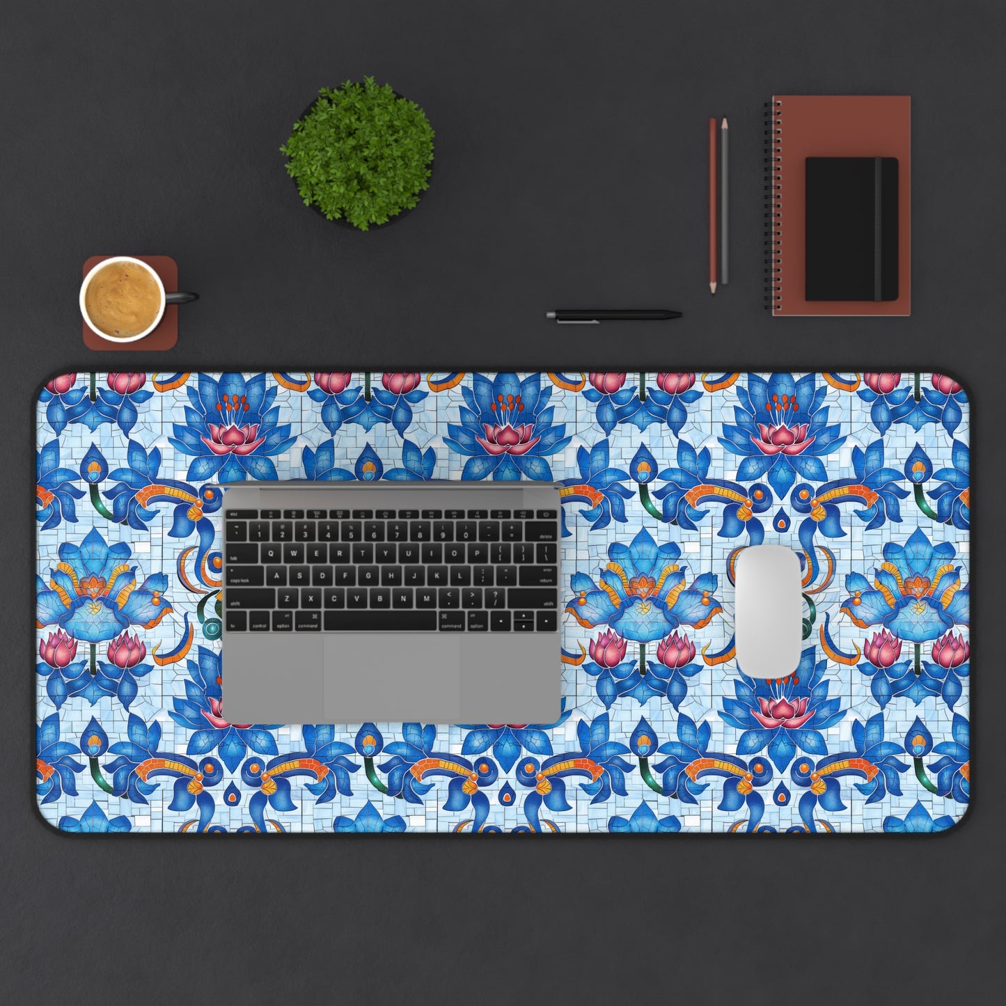 Majestic Mosaic Blossoms Vibrant Blue and Pink Floral Tile Design Extended Gaming Mouse Pad  Desk Mat  - 3 Sizes