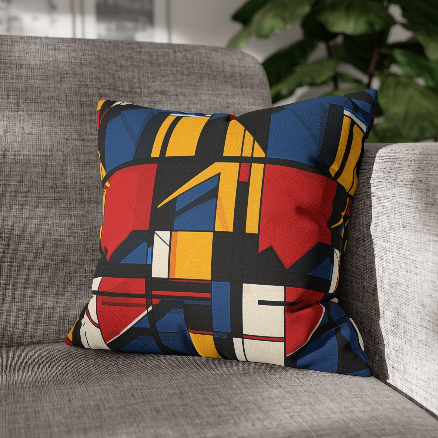 Mondrian-Inspired Bold Primary Colors and Black Lines Abstract Spun Polyester Square Pillowcase 4 Sizes