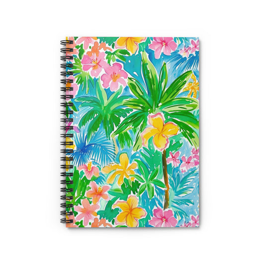 Tropical Harmony: Watercolor Yellow and Pink Hibiscus Flowers with Blue and Green Palm Leaves Spiral Ruled Line Notebook