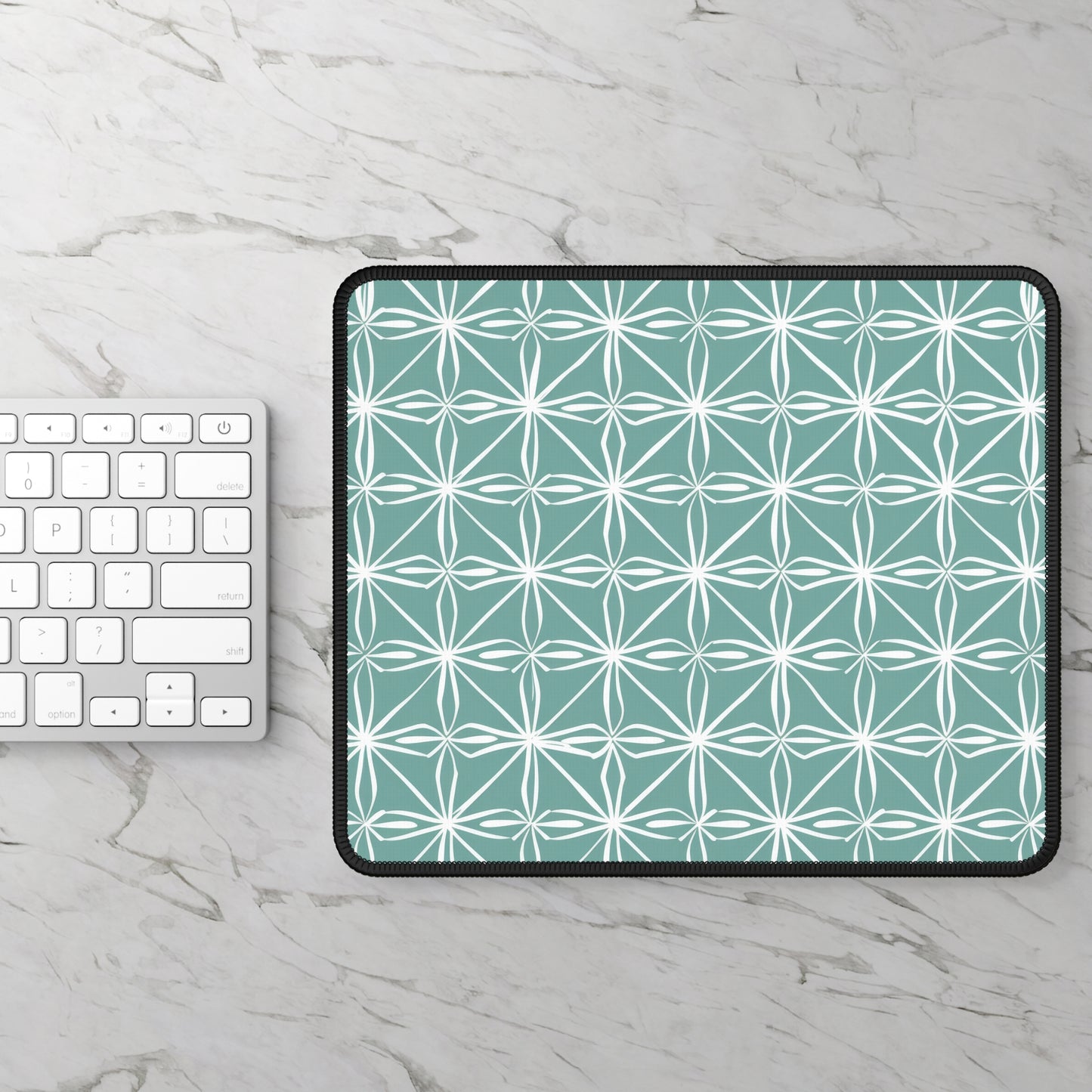 Elegant Minimalist Geometric Line Art in White and Teal Pattern Gaming Mouse Pad with Finished Edges