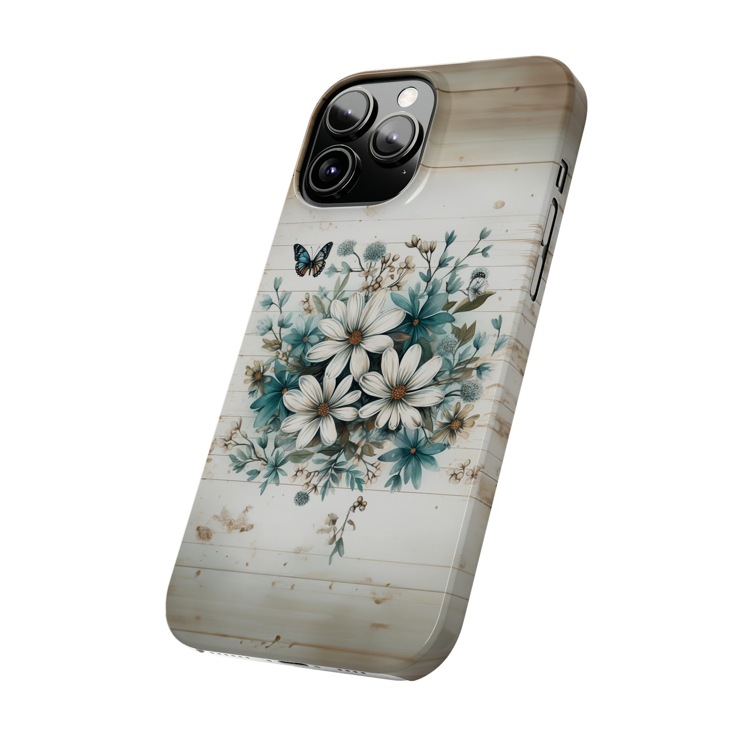 Rustic Charm Bouquet featuring Teal Accents White Wild Daisies with Butterflies  Iphone 15-12 Slim Phone Case