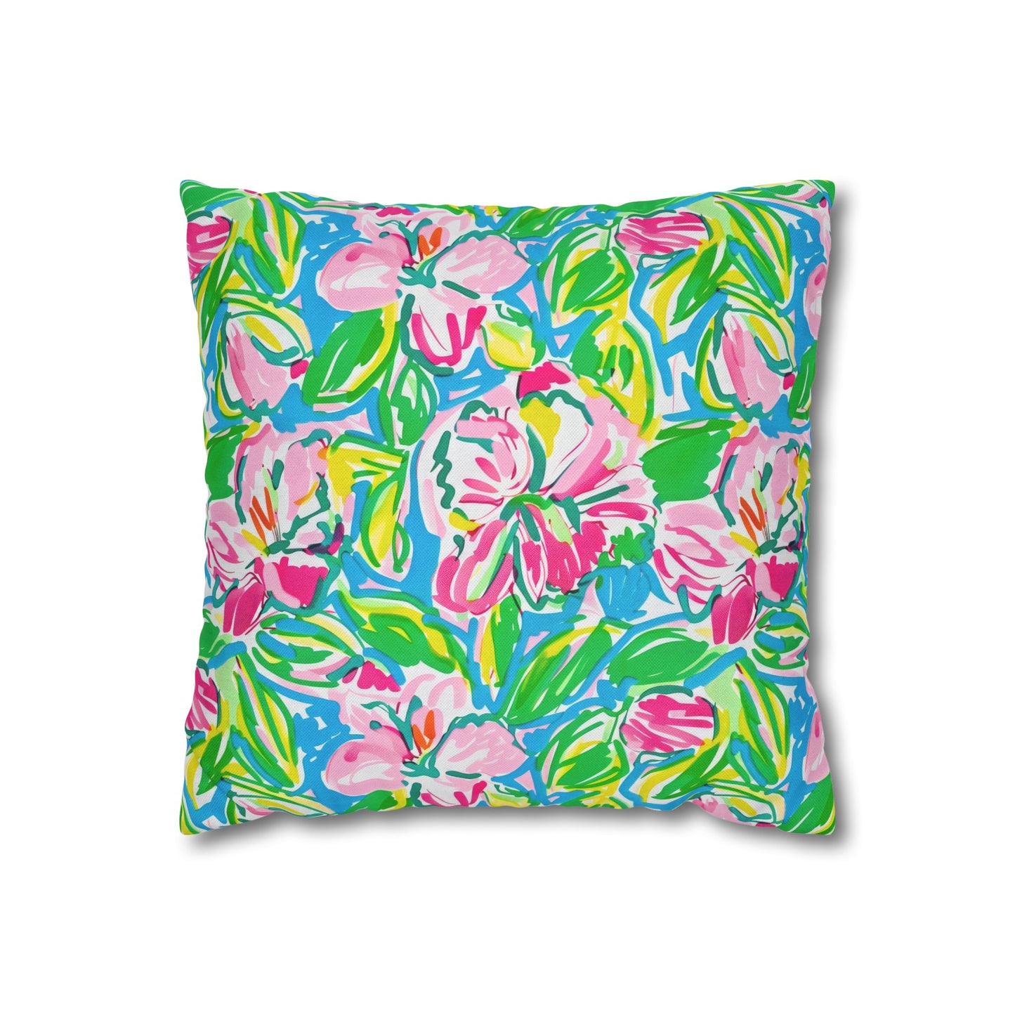 Whispering Meadows: Pink Blossoms, Lush Green Leaves, and Accents of Yellow and Blue Spun Polyester Square Pillowcase 4 Sizes