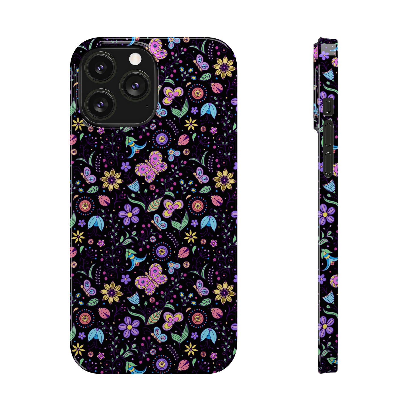 Butterflies and Flowers Black Background Iphone 15-12 Slim Phone Case