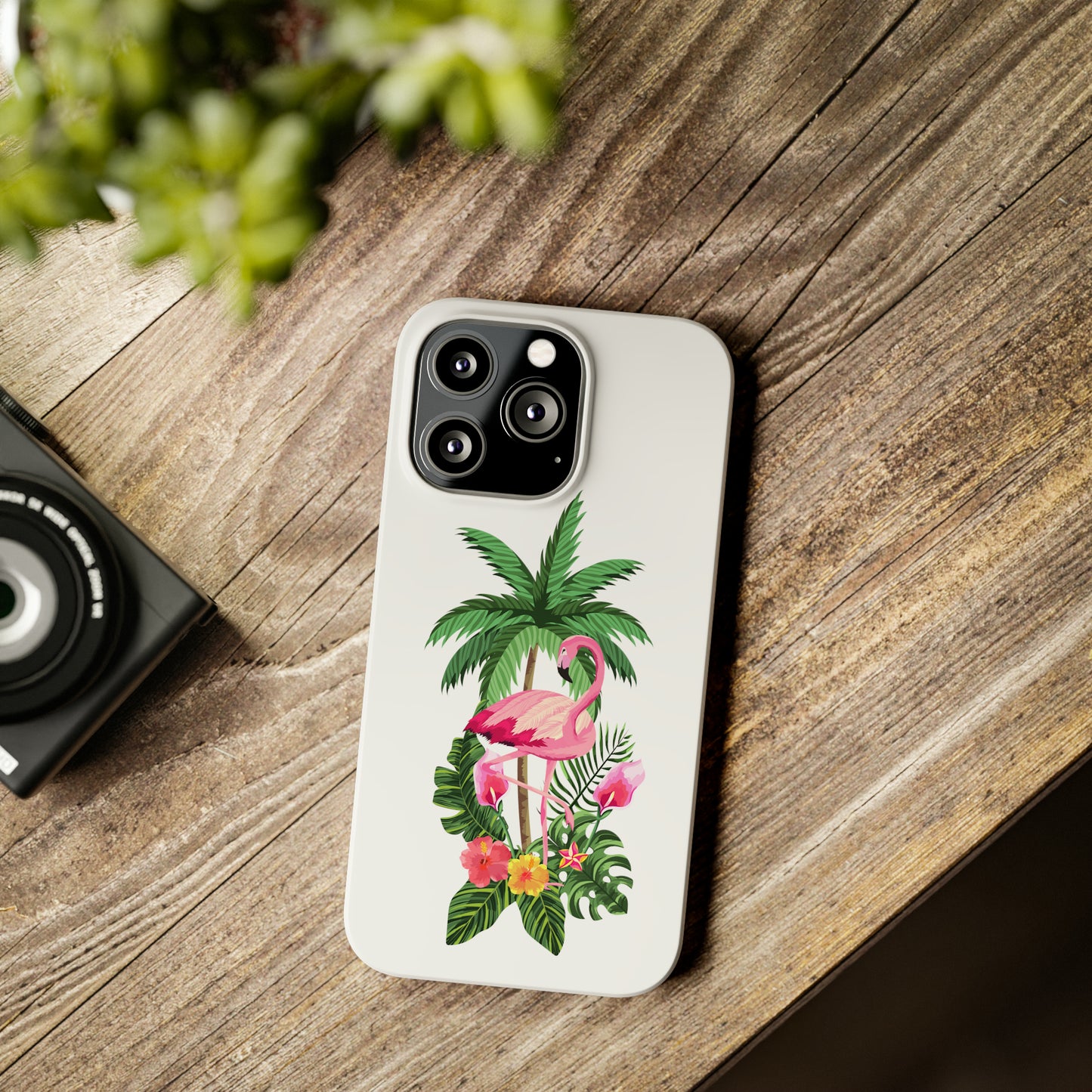 Tropical Pink Flamingo and Flowers White Background Iphone 15-12 Slim Phone Case