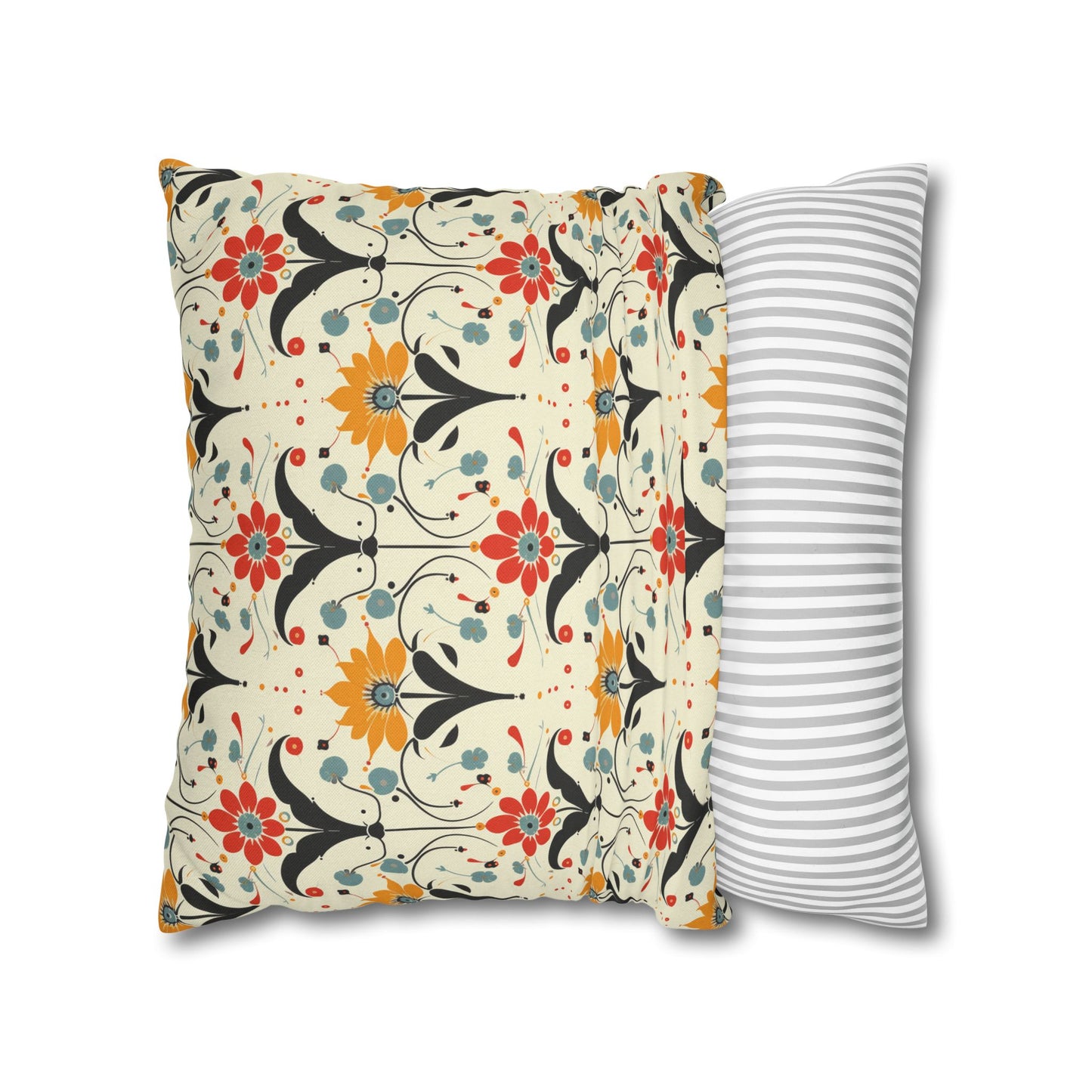 Whimsical Retro Garden in Muted Yellow, Red and Blues Spun Polyester Square Pillowcase 4 Sizes