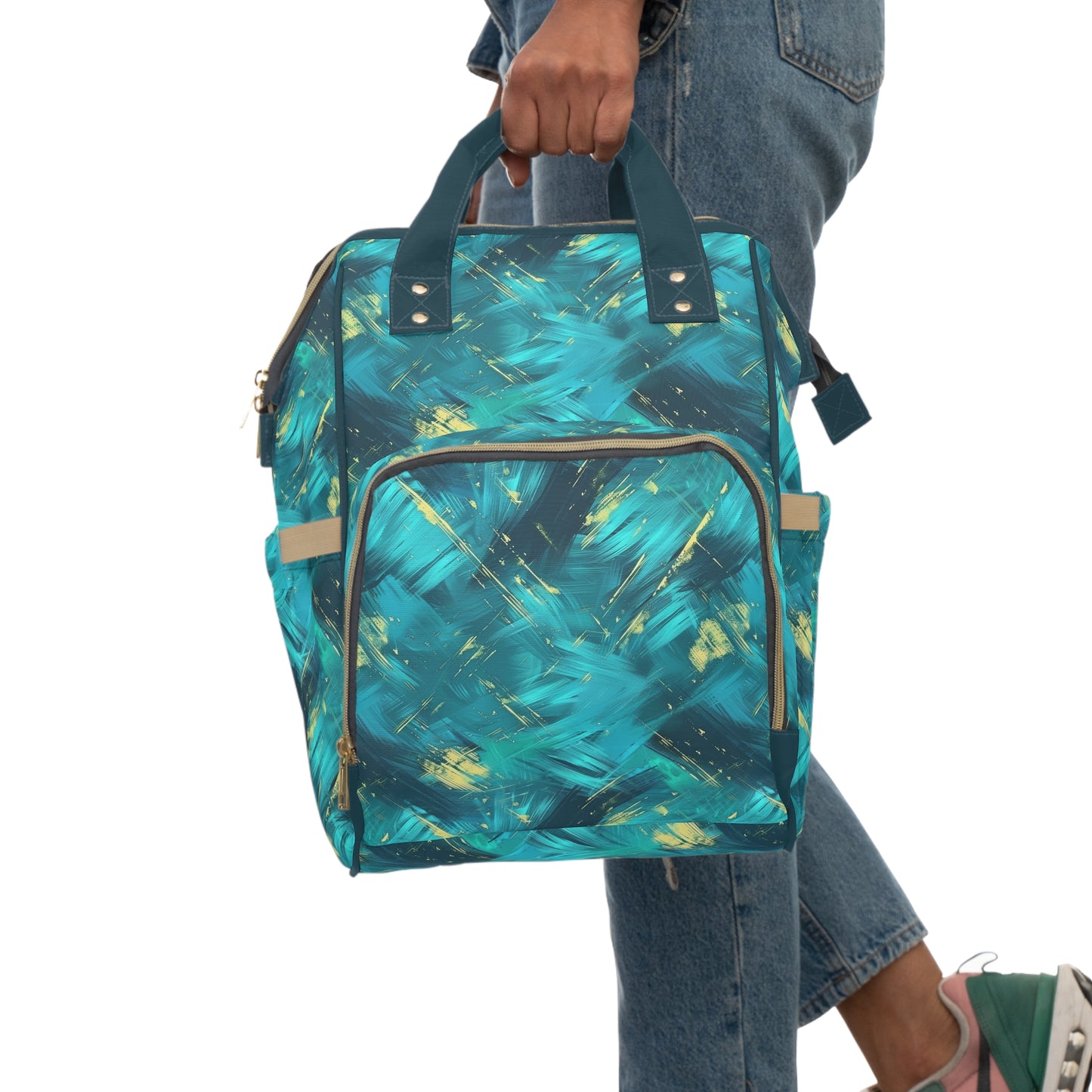 Vibrant Teal and Gold Abstract Brushstroke Pattern Multifunctional Diaper Backpack