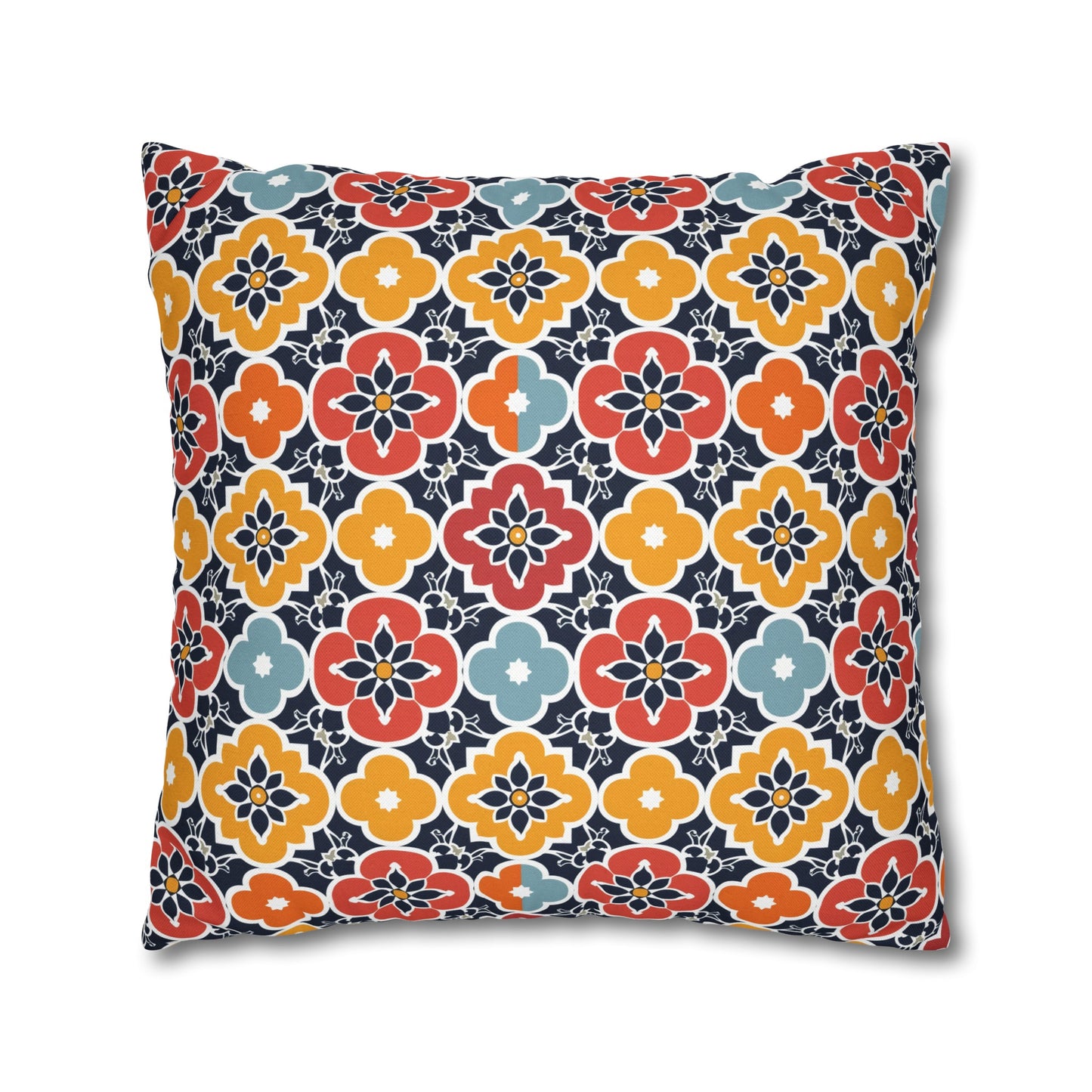 Vibrant Moroccan Orange, Gold and Blue Tile Pattern Spun Polyester Square Pillowcase 4 Sizes