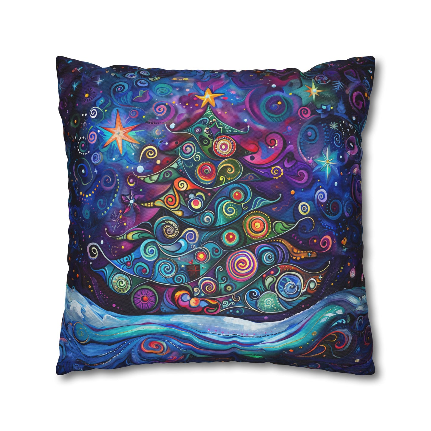 Christmas Tree in Magical Purple Hues, Sparkling Amidst Vibrant Stars Spun Polyester Square Pillowcase 4 Sizes