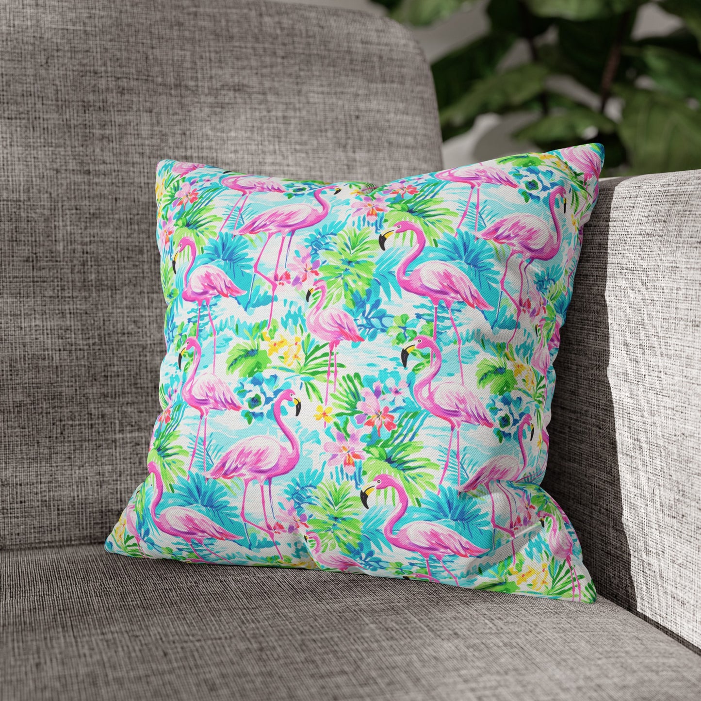 Tropical Flamingo Haven: Surrounded by Flowers and Palm Trees Spun Polyester Square Pillowcase 4 Sizes