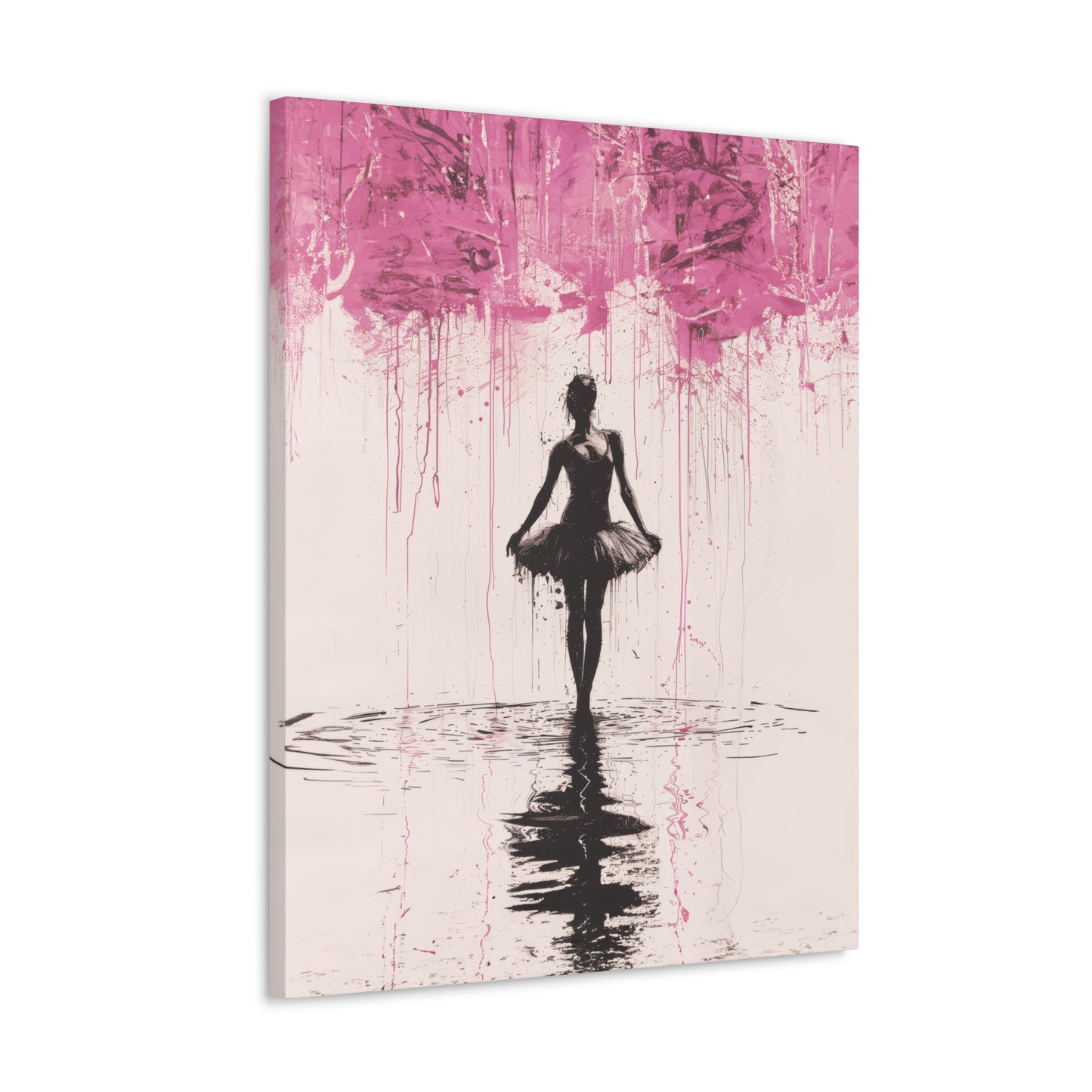 Dreamlike Reverie: Ballerina Dancing Amidst Pink Clouds and Gentle Rain Print on Canvas Gallery - 13 Sizes