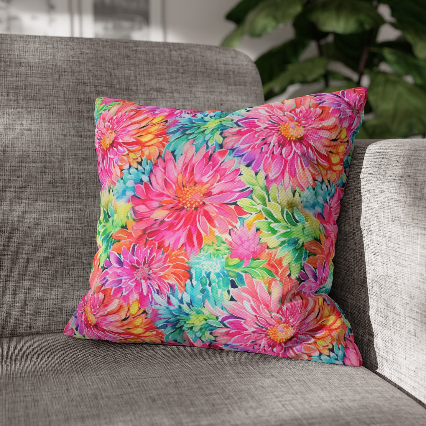 Blooming Spectrum: Large Vibrant Watercolor Flowers in Full Bloom Spun Polyester Square Pillowcase 4 Sizes