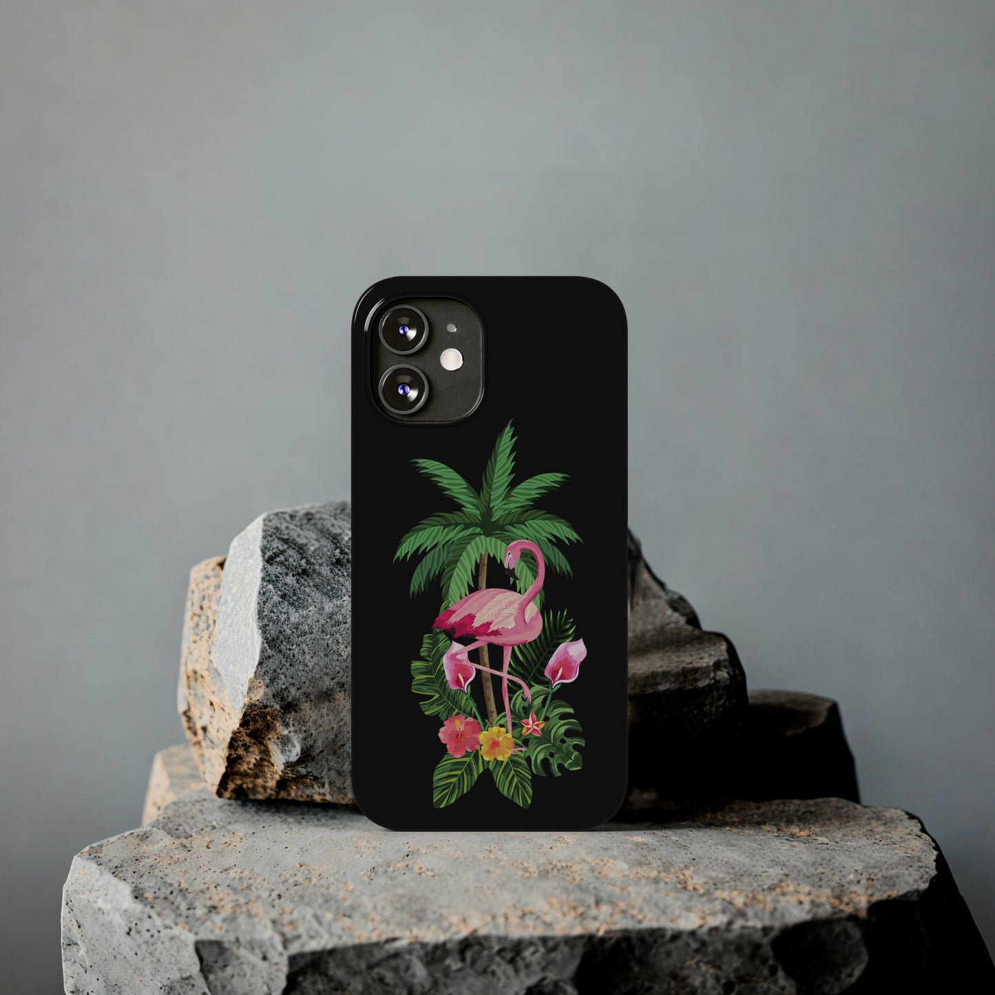 Tropical Pink Flamingo and Flowers Black Background Iphone 15-12 Slim Phone Case