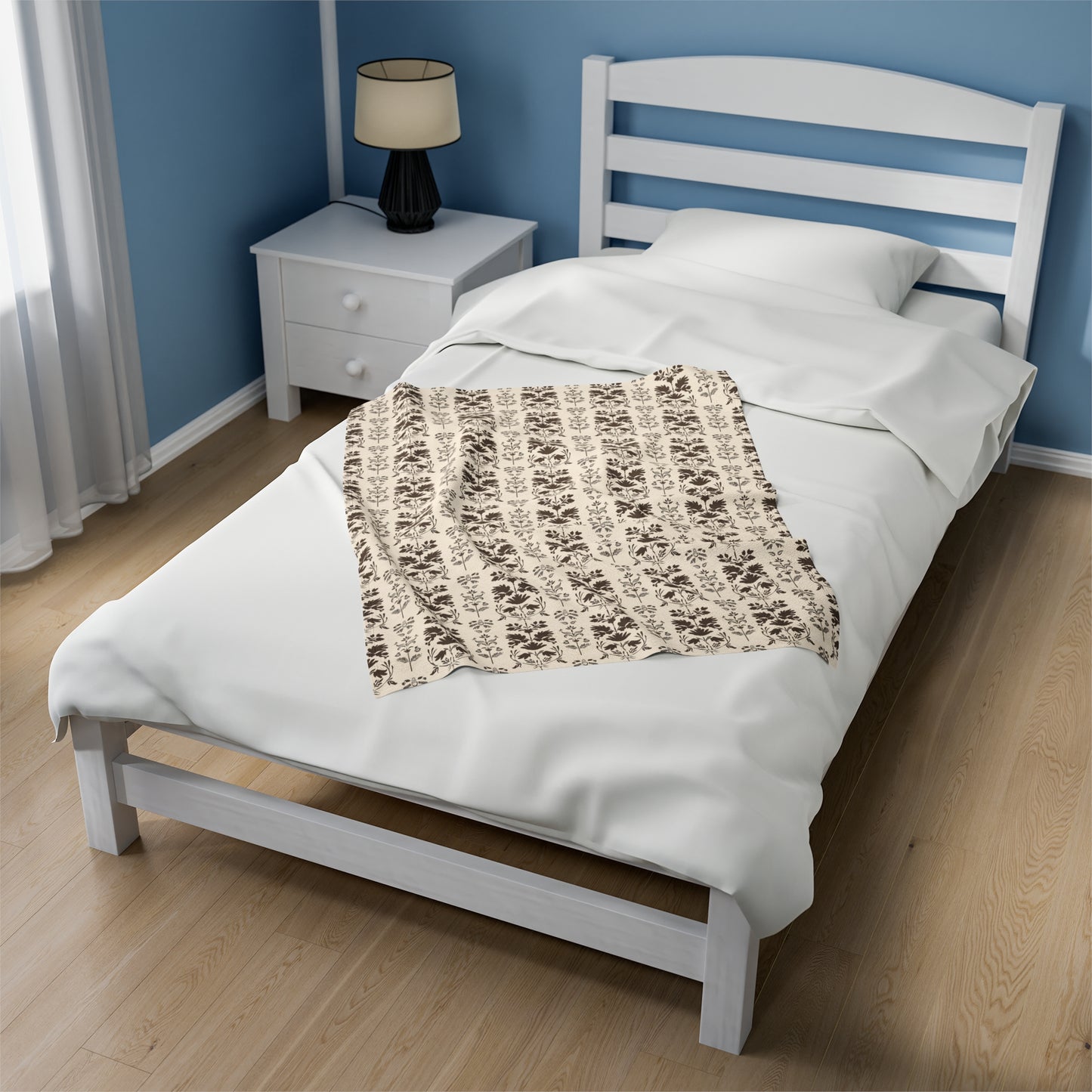 Early American Stencil-Inspired Beige and Brown Floral Pattern Velveteen Plush Blanket 3 Sizes