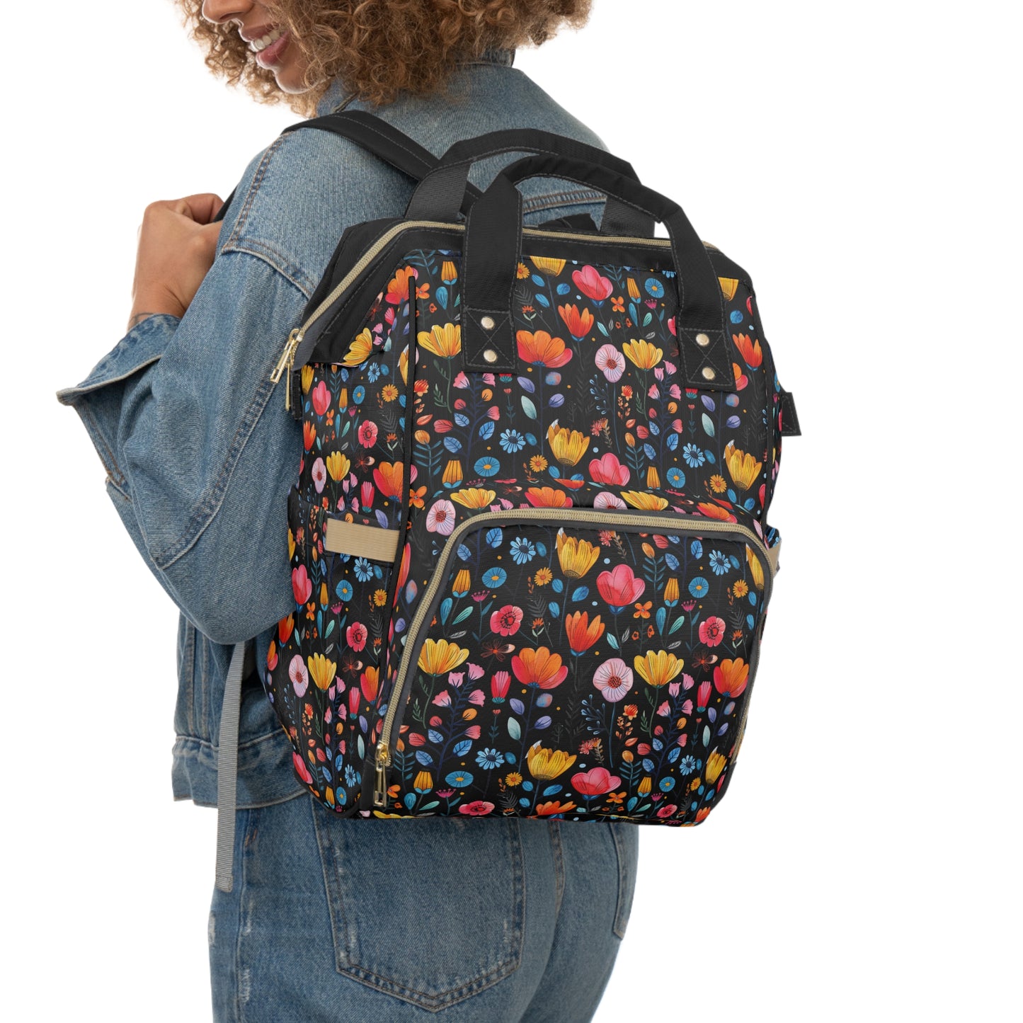 Vibrant Spring Blooms in a Kaleidoscope of Colors on Black Multifunctional Diaper Backpack