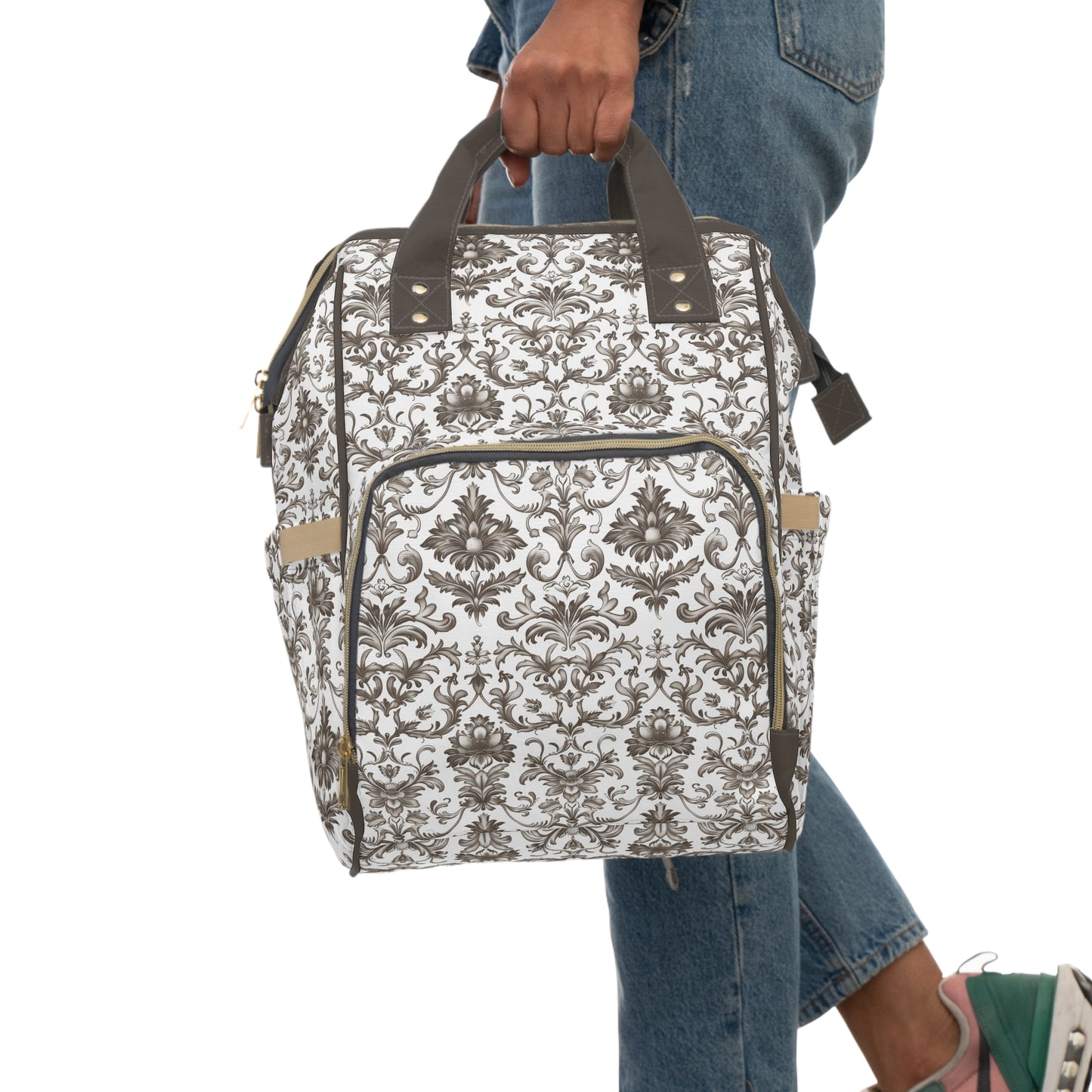 Timeless Rococo Elegance in Detailed Brown and White Floral Pattern Multifunctional Diaper Backpack