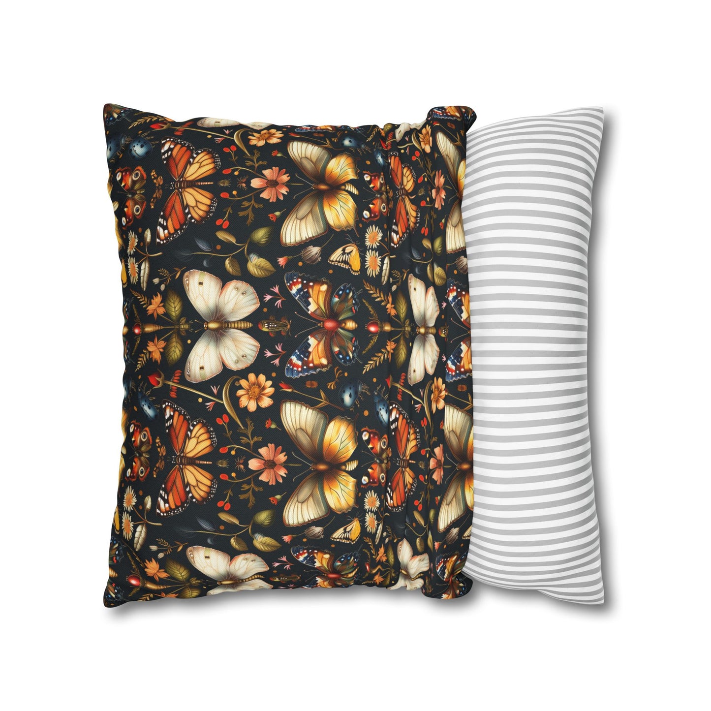 Enchanted Garden of Butterflies and Botanicals in Rich Autumn Hues on a Deep Night Background Polyester Square Pillowcase 4 Sizes