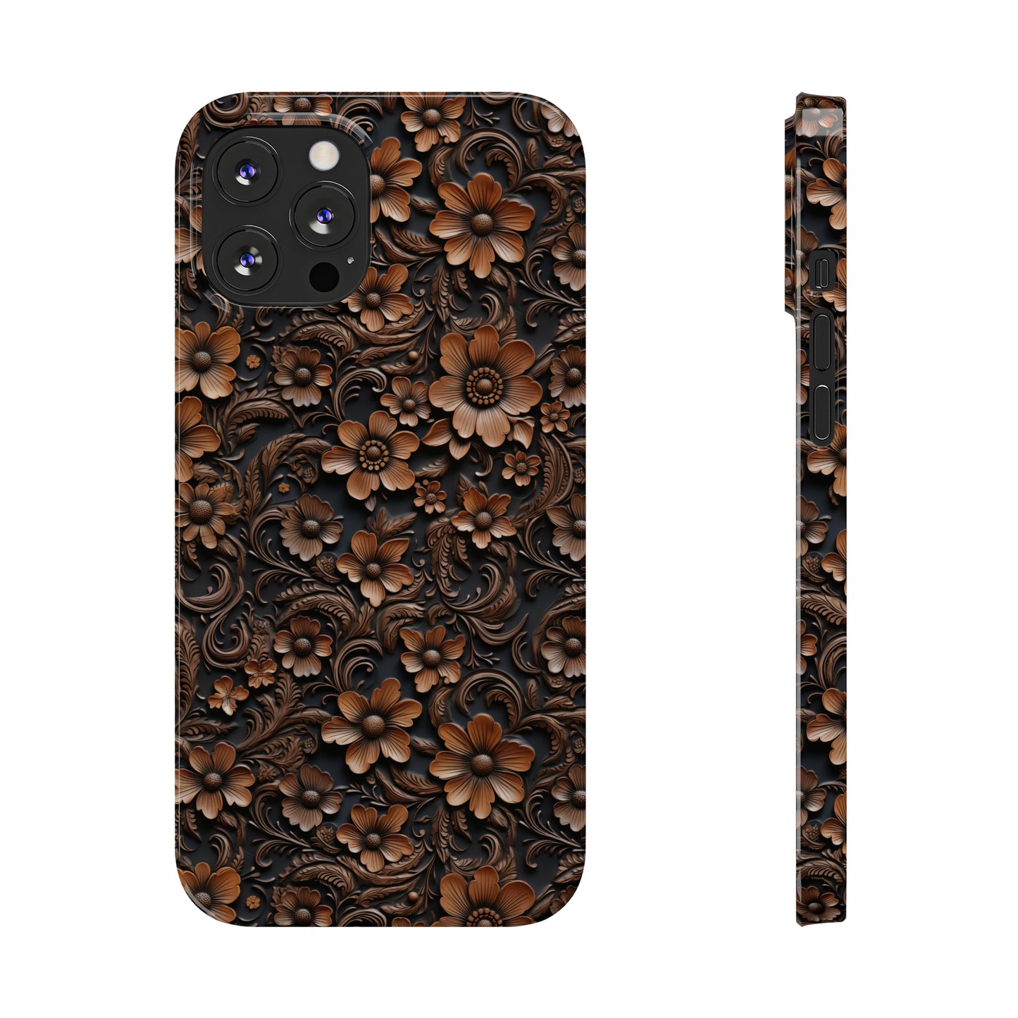 Tooled Deep Brown Leather Flowers Print Design Iphone 15-12 Slim Phone Case