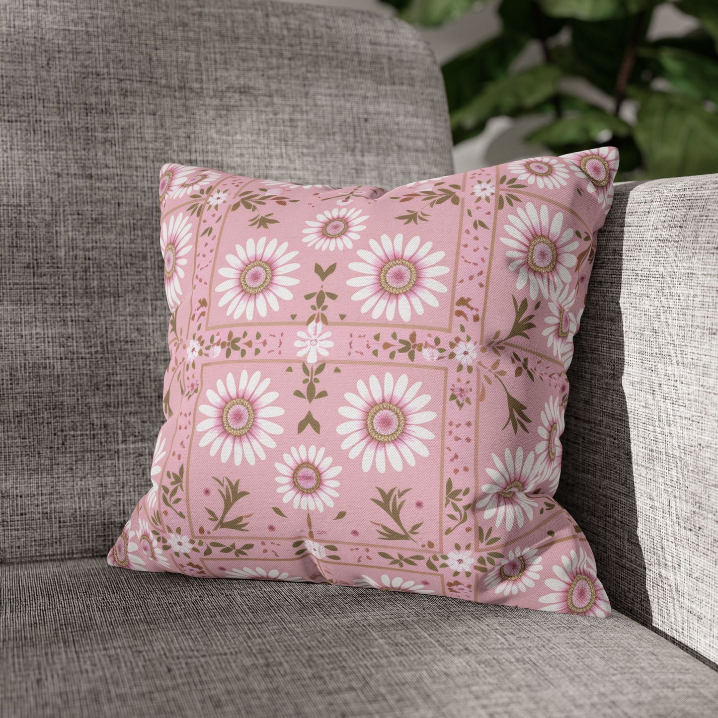 Charming Daisy Pink and White Floral Tile Pattern Spun Polyester Square Pillowcase 4 Sizes