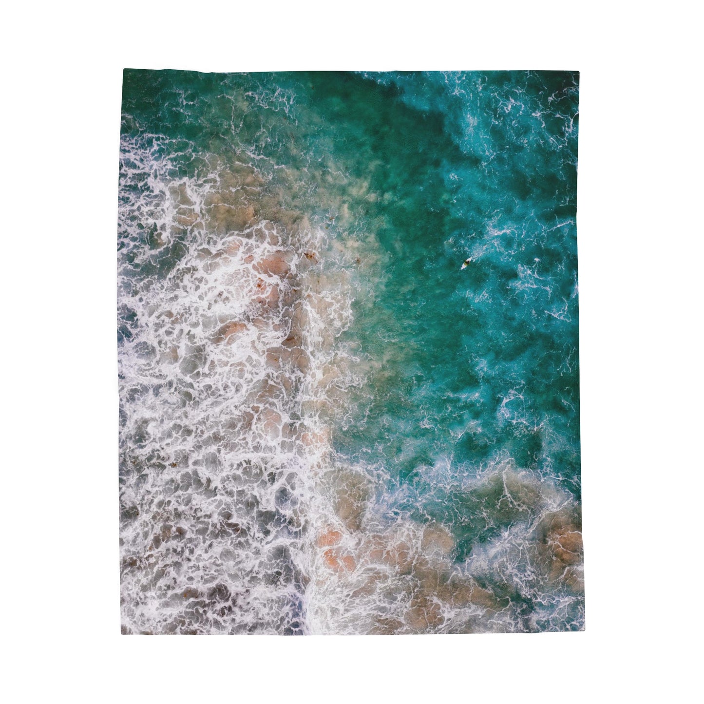 Ocean's Embrace: Deep Green Waters with White Waves Crashing onto the Beach Velveteen Plush Blanket 3 Sizes