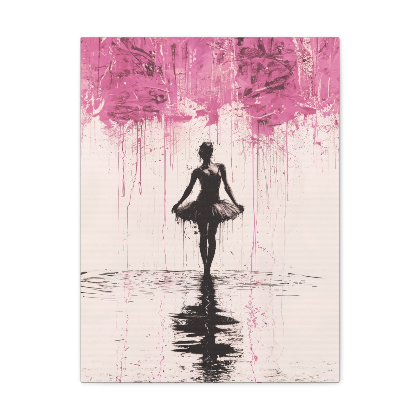 Dreamlike Reverie: Ballerina Dancing Amidst Pink Clouds and Gentle Rain Print on Canvas Gallery - 13 Sizes