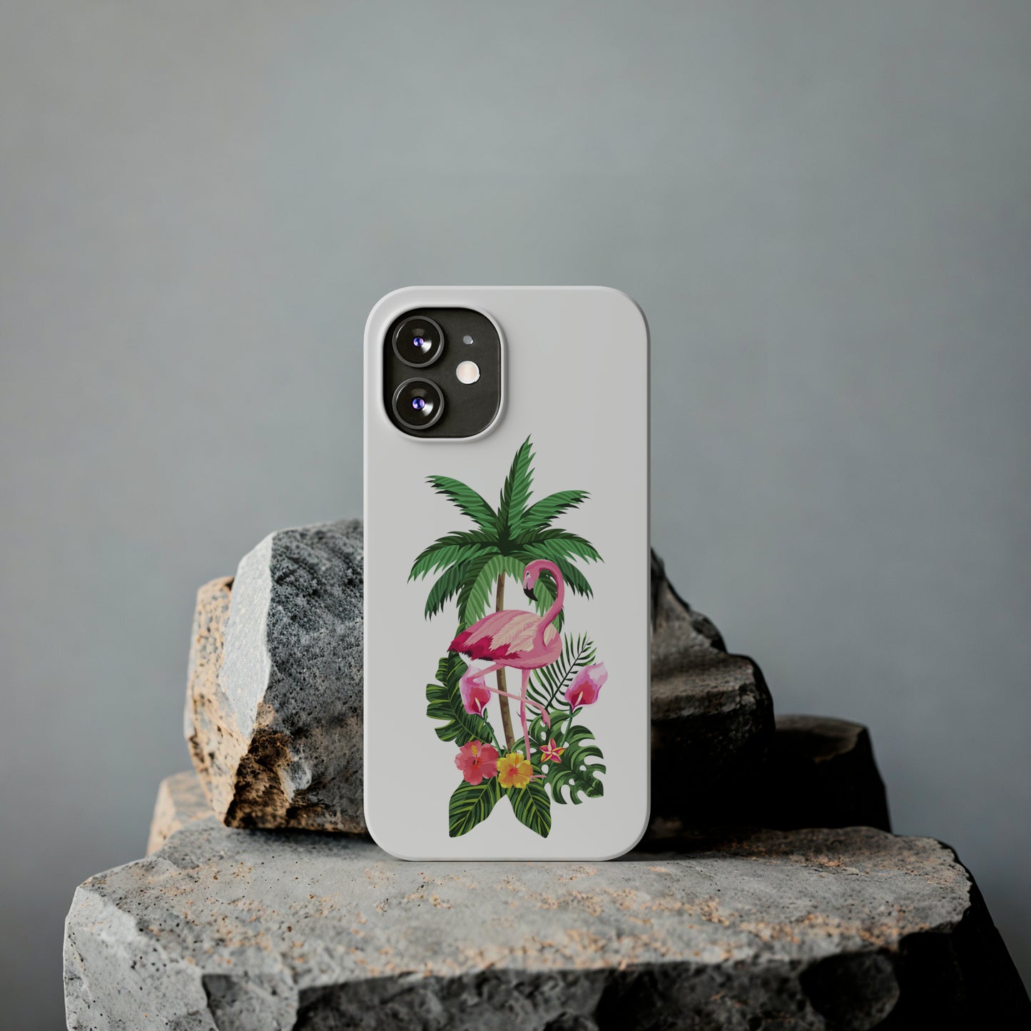 Tropical Pink Flamingo and Flowers White Background Iphone 15-12 Slim Phone Case