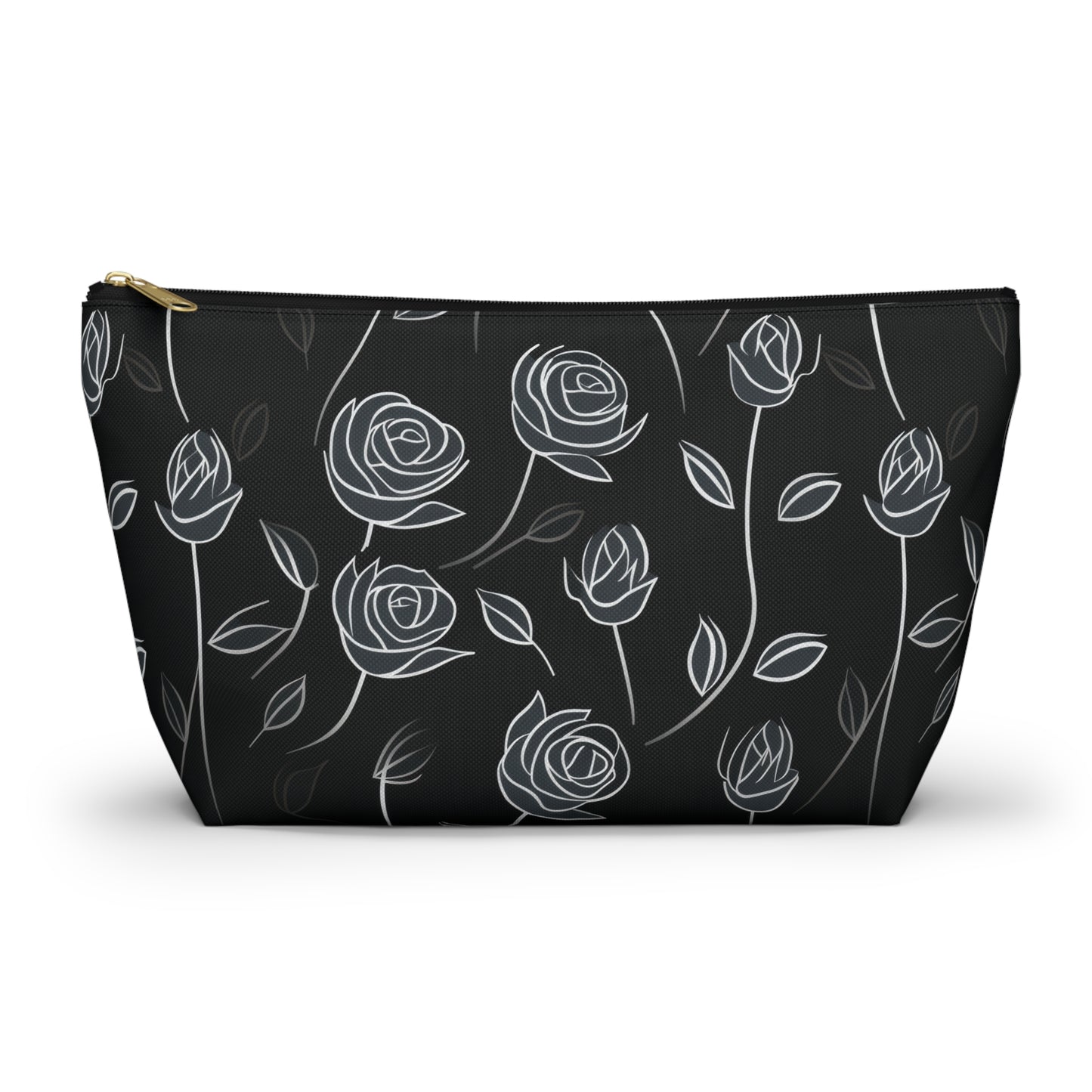 Contrasting Elegance: White Outlined Roses on a Black Background  - Makeup & Accessory Bag 2 Sizes