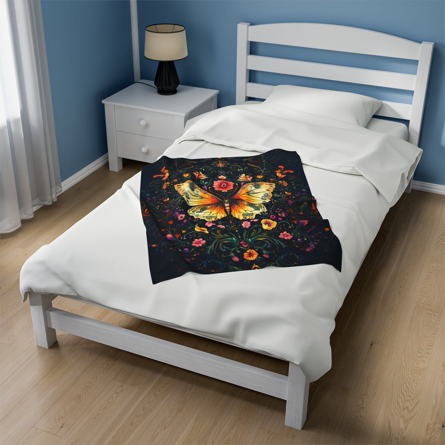 Enchanted Garden of Majestic Butterfly Amidst Midnight Blossoms Velveteen Plush Blanket 3 Sizes