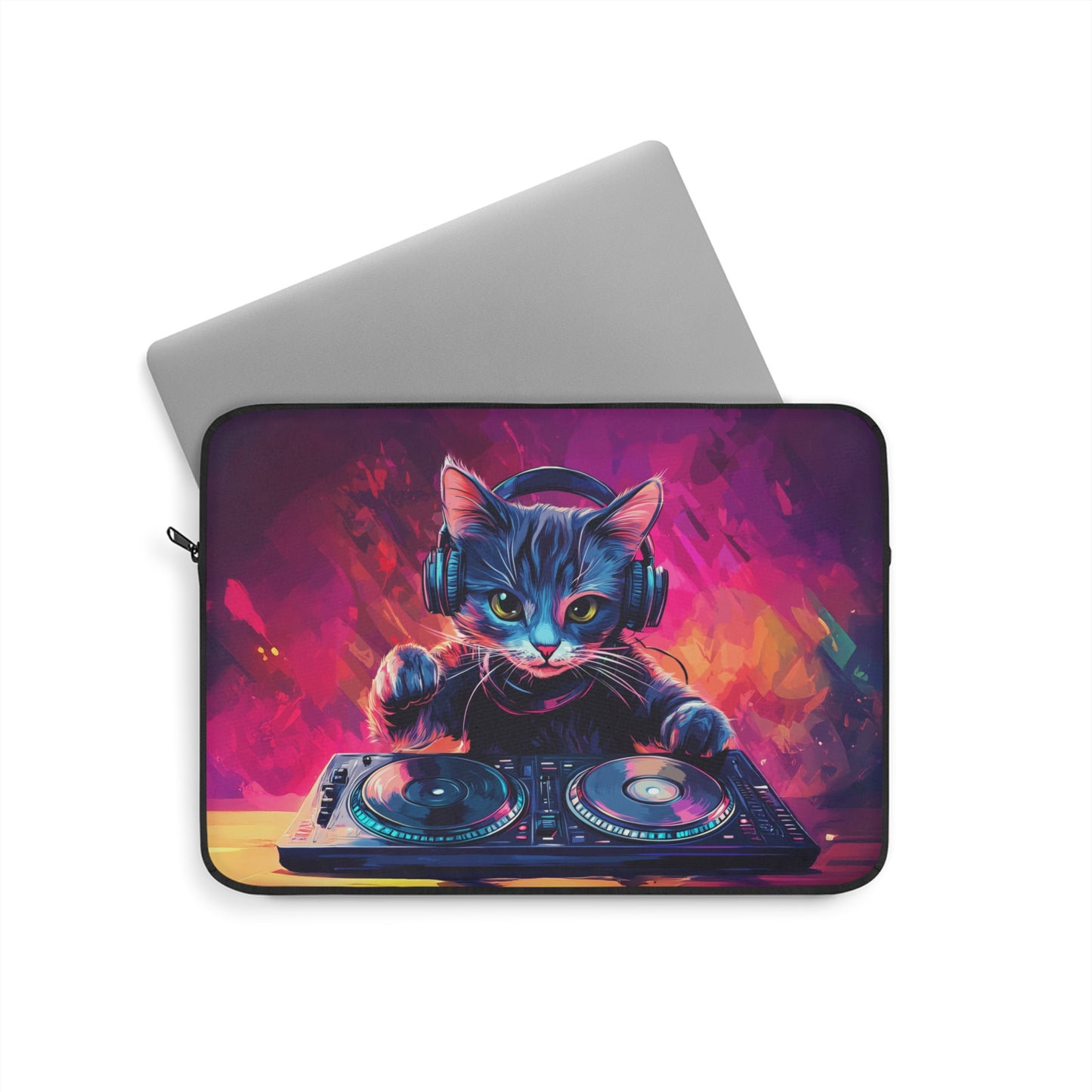 DJ Kitty Spinning Retro Beats  Laptop or Ipad Protective Sleeve 3 Sizes Available